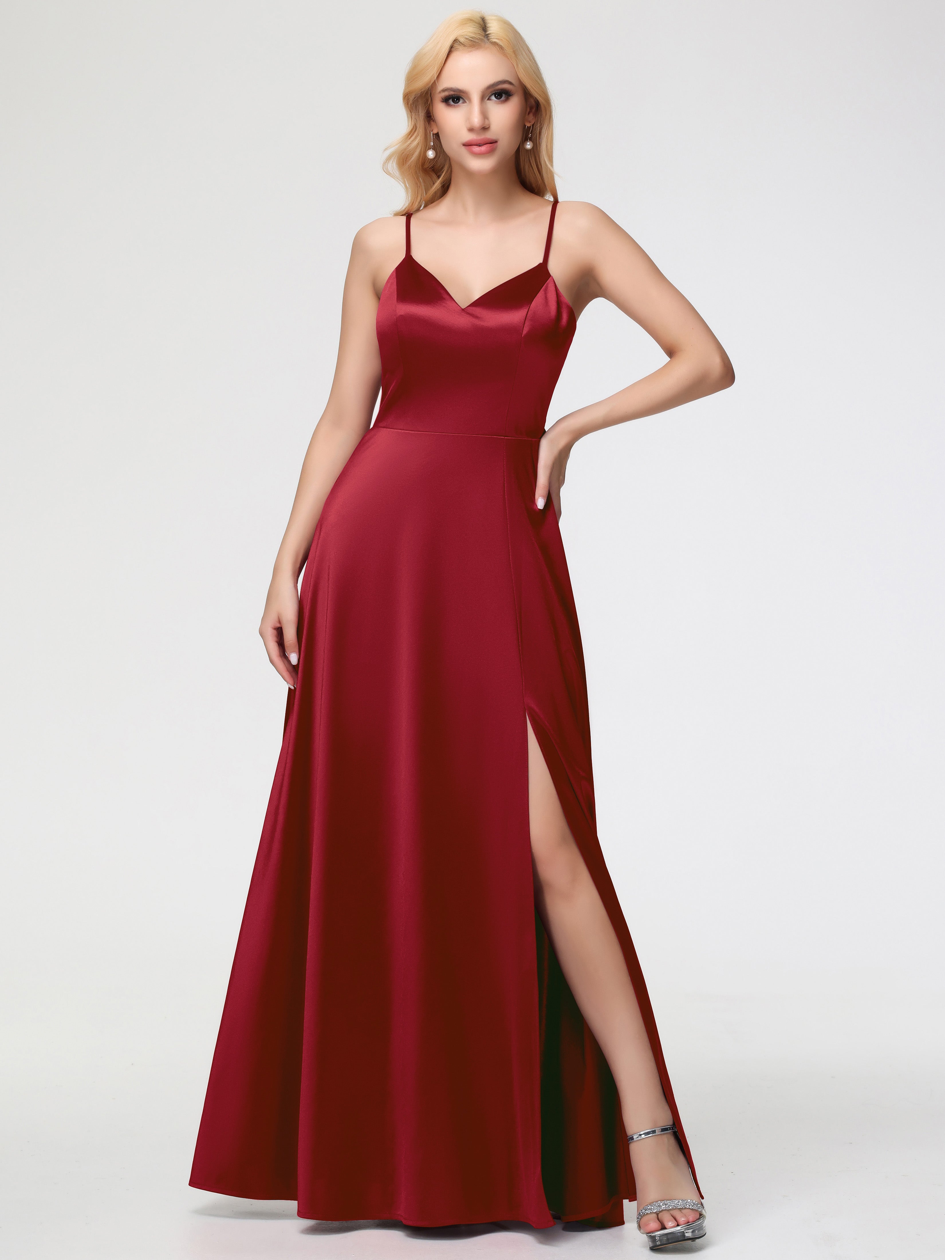 Burgundy Prom Dresses A-Line V-Neck Spaghetti Straps Sleeveless Stretc Burgundy Prom Dresses A-Line V-Neck Spaghetti Straps Sleeveless Stretc