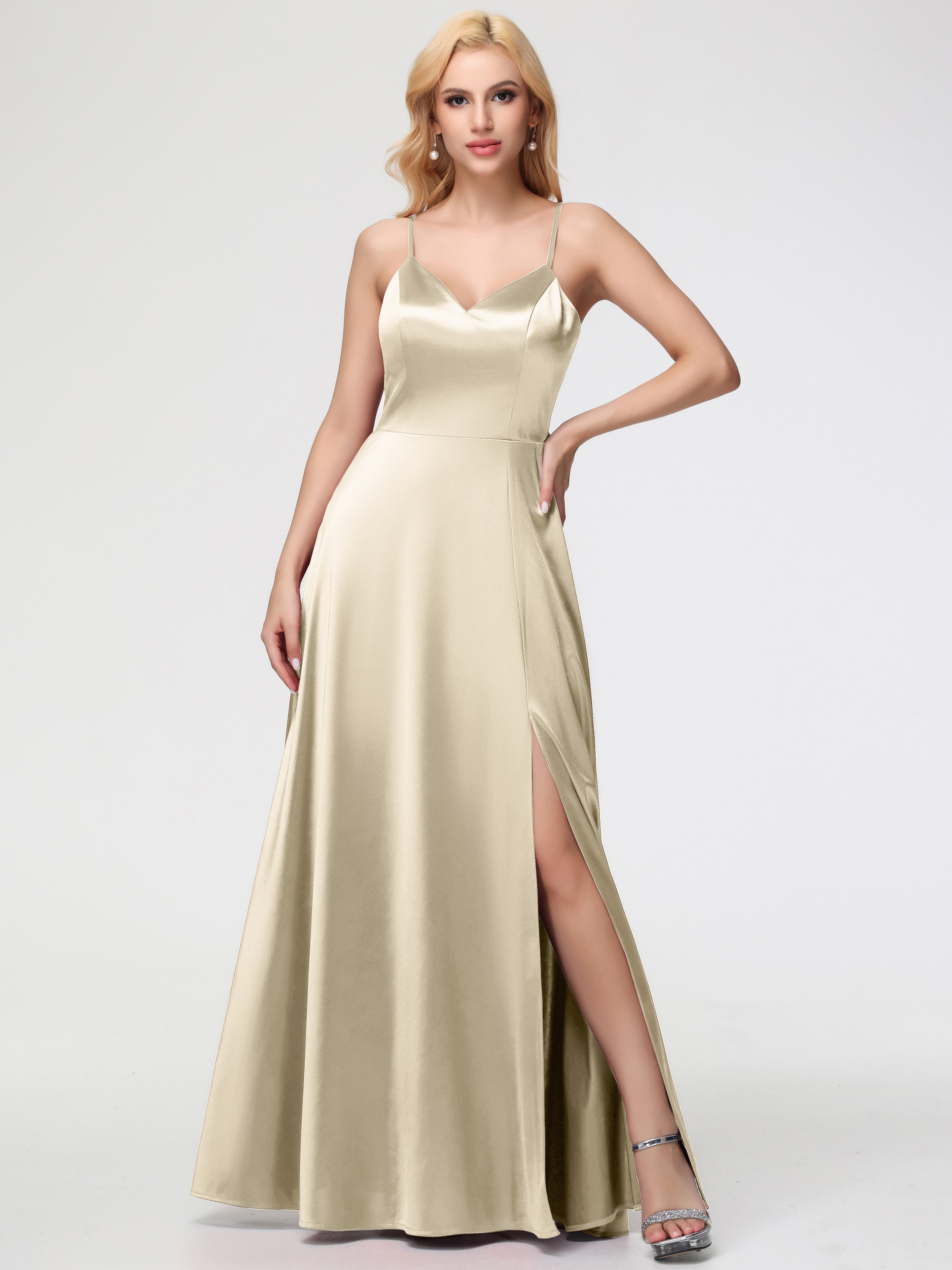Champagne Coloured Bridesmaid Dresses A-Line V-Neck Spaghetti Straps S Champagne Coloured Bridesmaid Dresses A-Line V-Neck Spaghetti Straps S