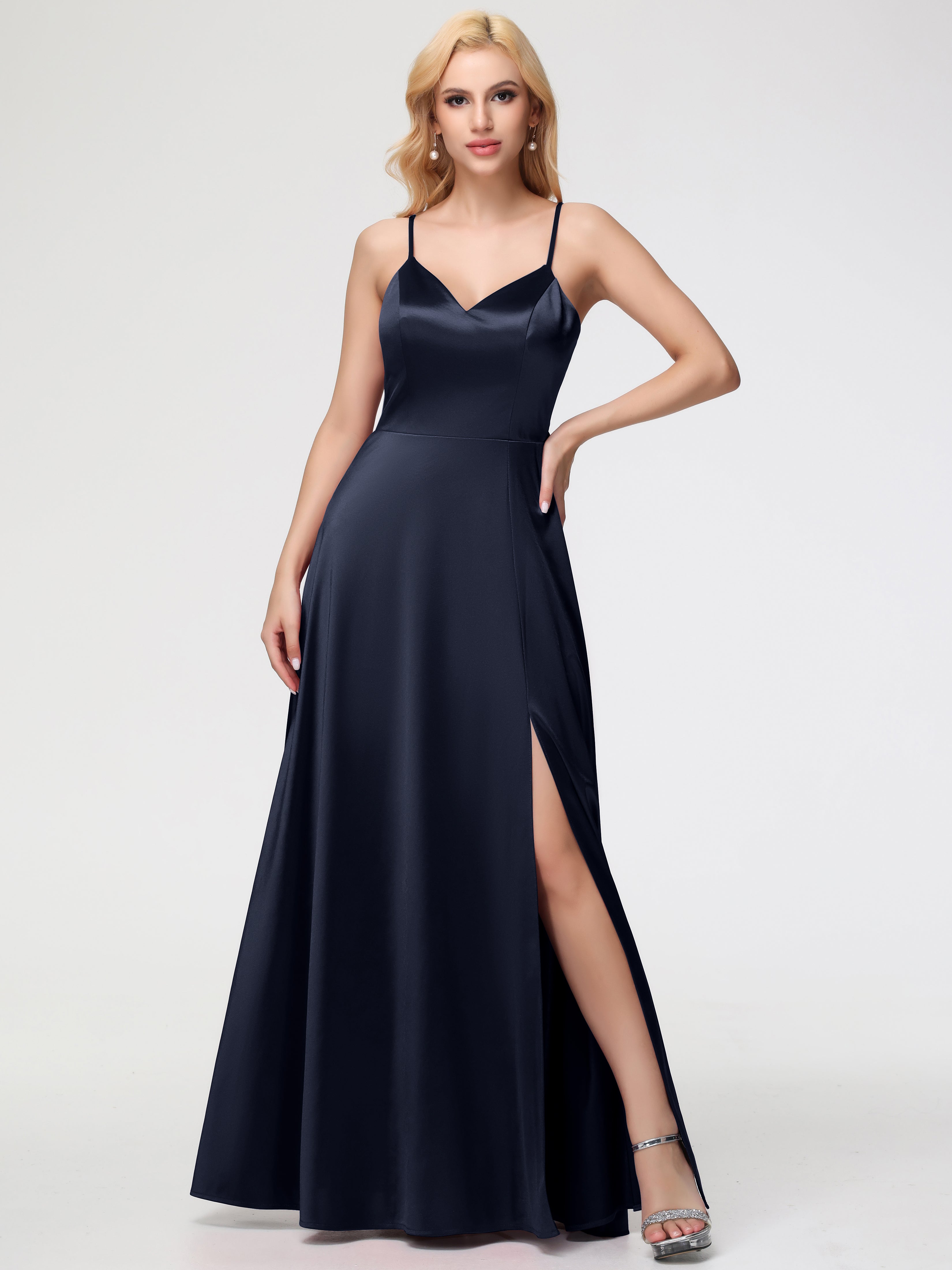 Dark Navy Prom Dresses UK A-Line V-Neck Spaghetti Straps Sleeveless St