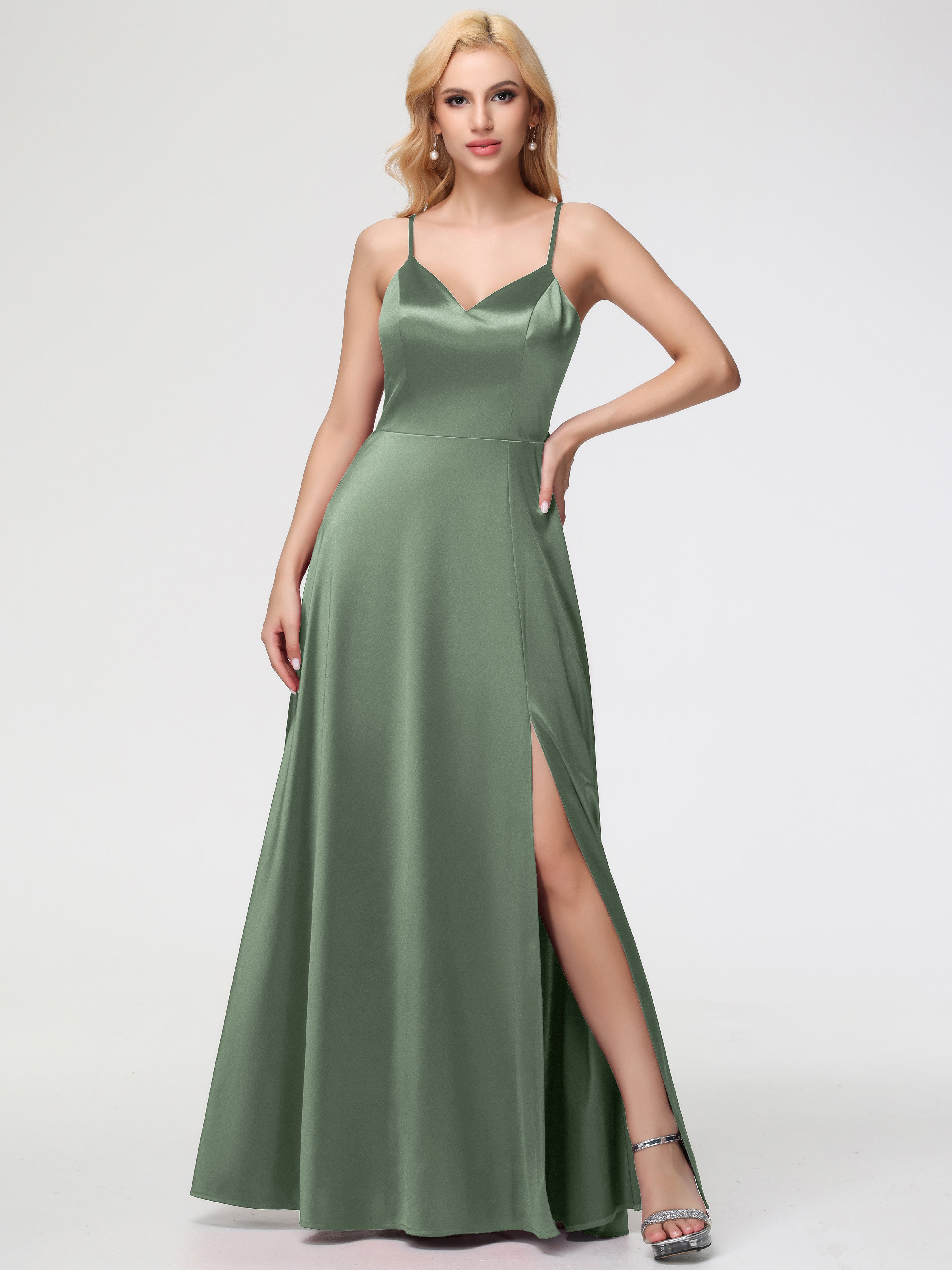 Dusty Sage Bridesmaid Dresses UK A-Line V-Neck Spaghetti Straps Sleeve