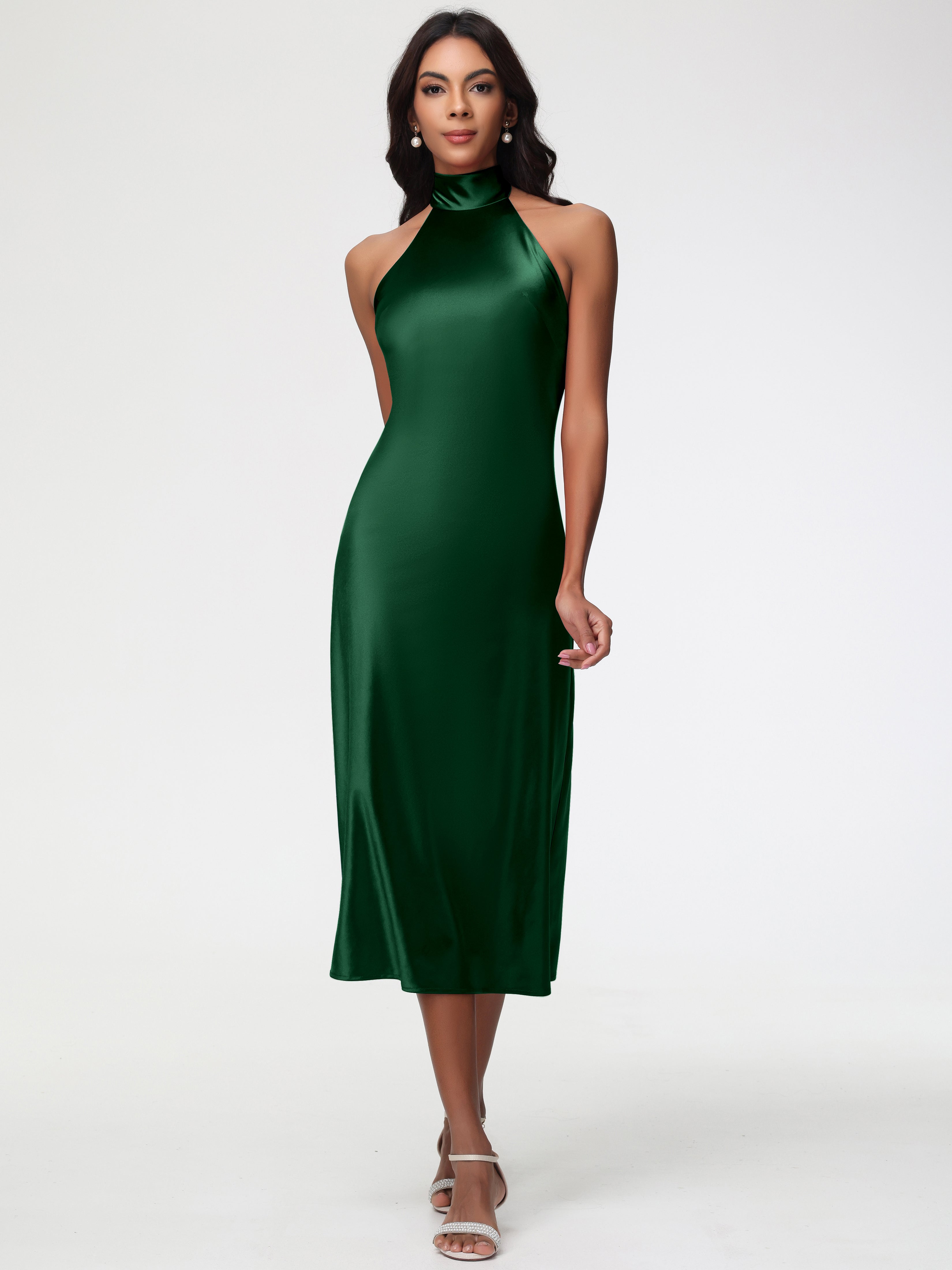 Dark Green Satin Prom Dresses Tea-Length High Neck Sleeveless Stretch