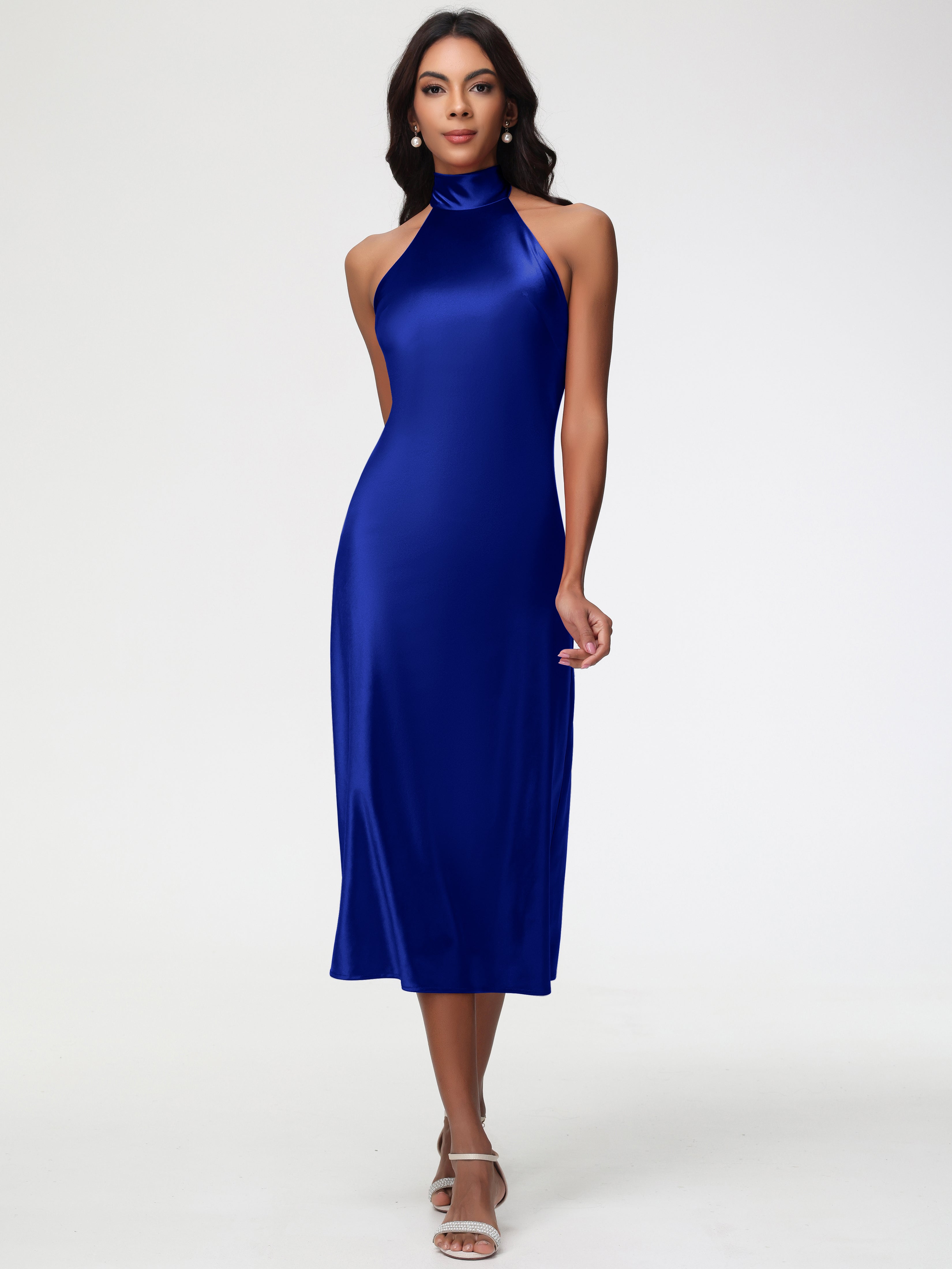 Royal Blue Tea Length Prom Dresses Tea-Length High Neck Sleeveless Str