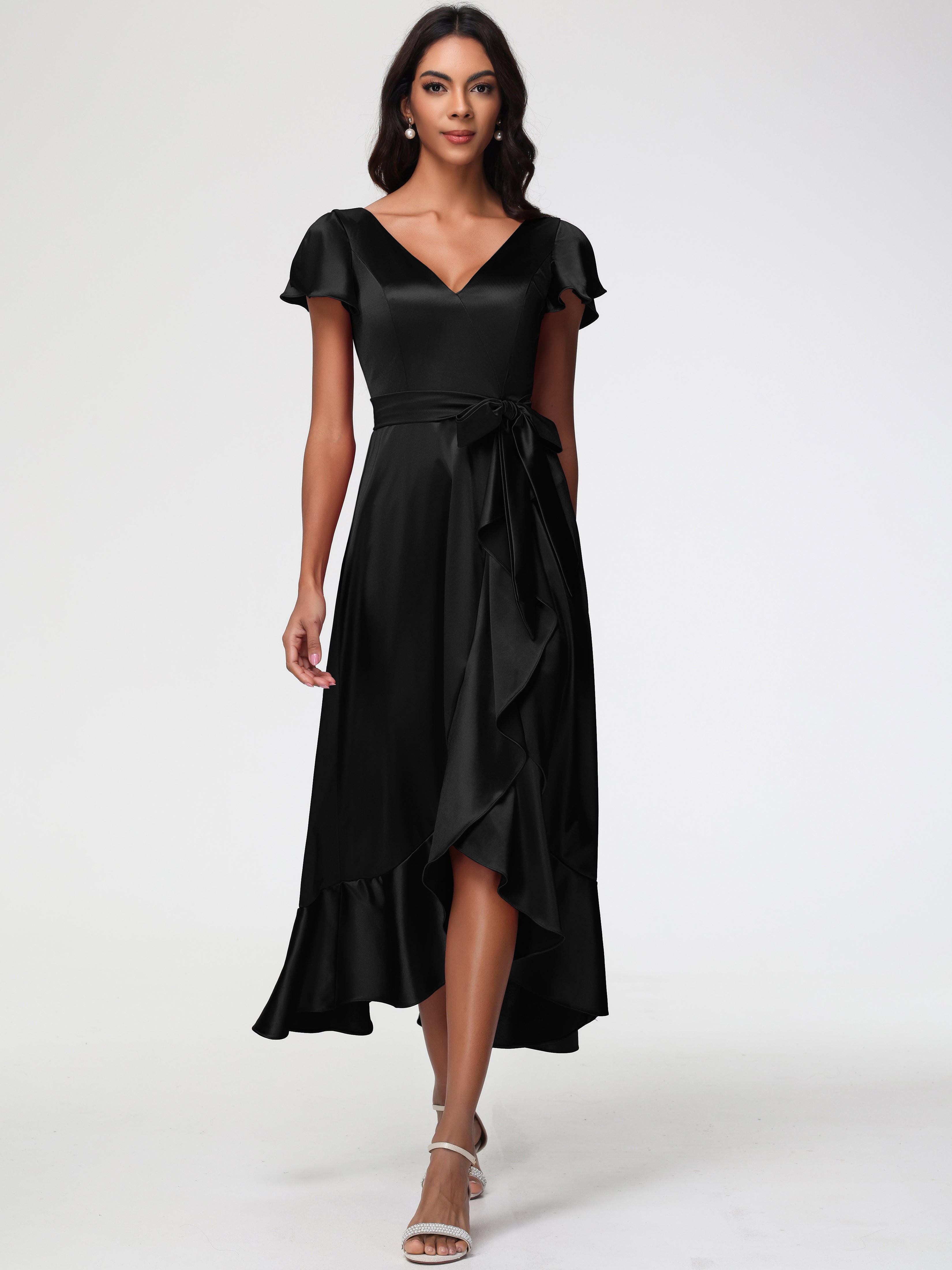 Black Long Bridesmaid Dresses Tea-Length Short Sleeves Ruffles A-Line