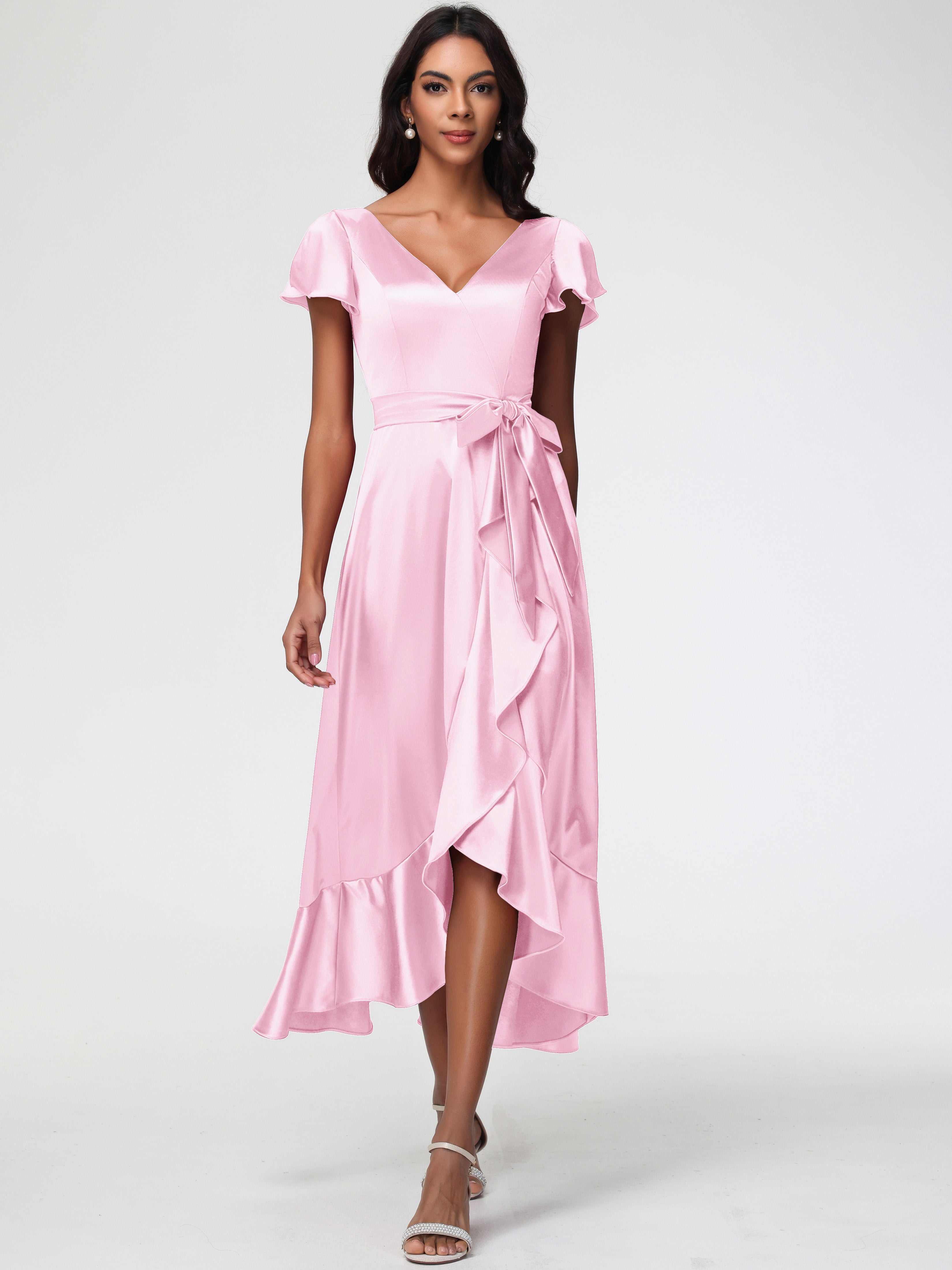 Long Blushing Pink Bridesmaid Dresses Tea-Length Short Sleeves Ruffles