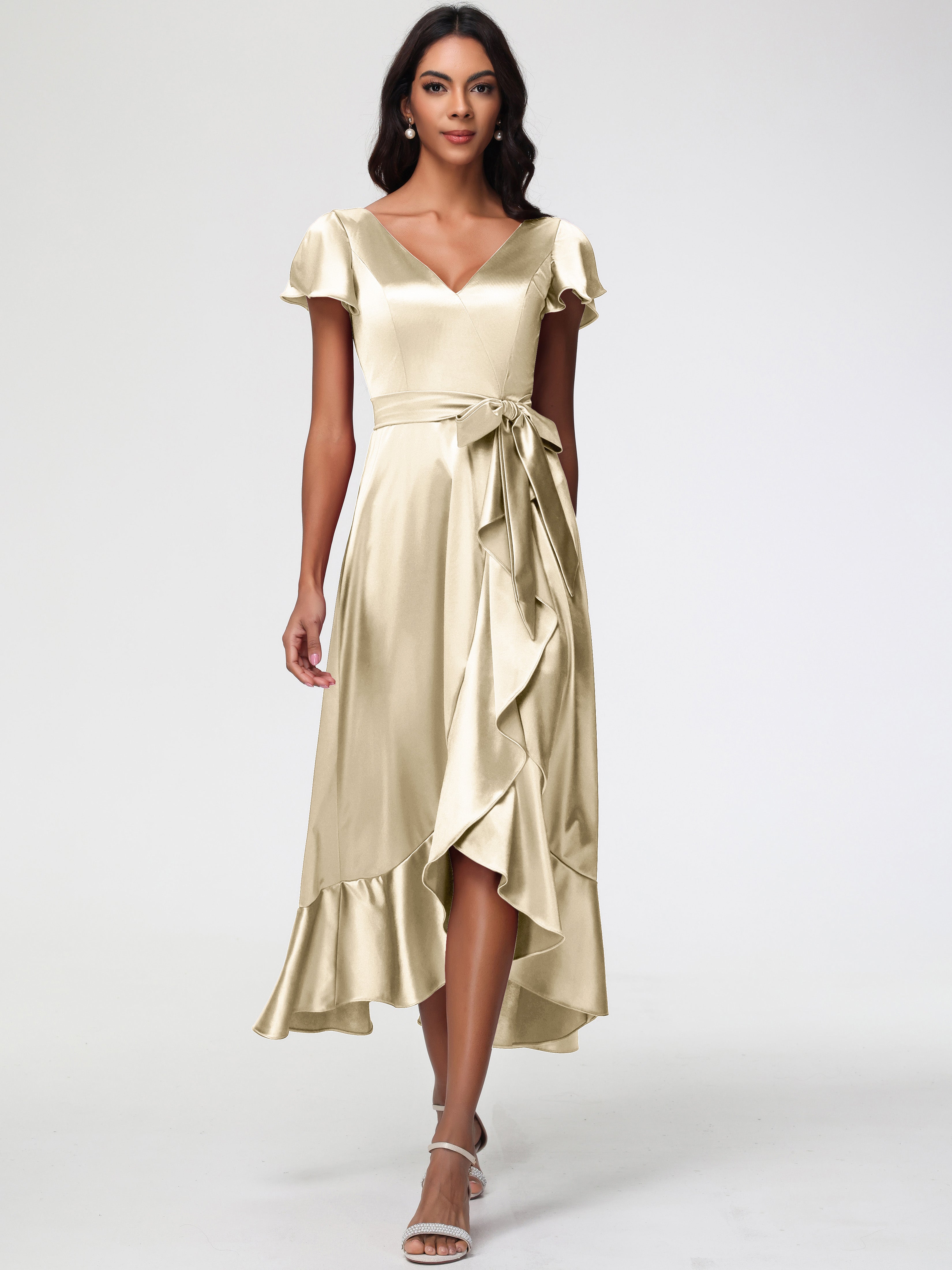 Bridesmaid Dress Champagne Tea-Length Short Sleeves Ruffles A-Line Str Bridesmaid Dress Champagne Tea-Length Short Sleeves Ruffles A-Line Str