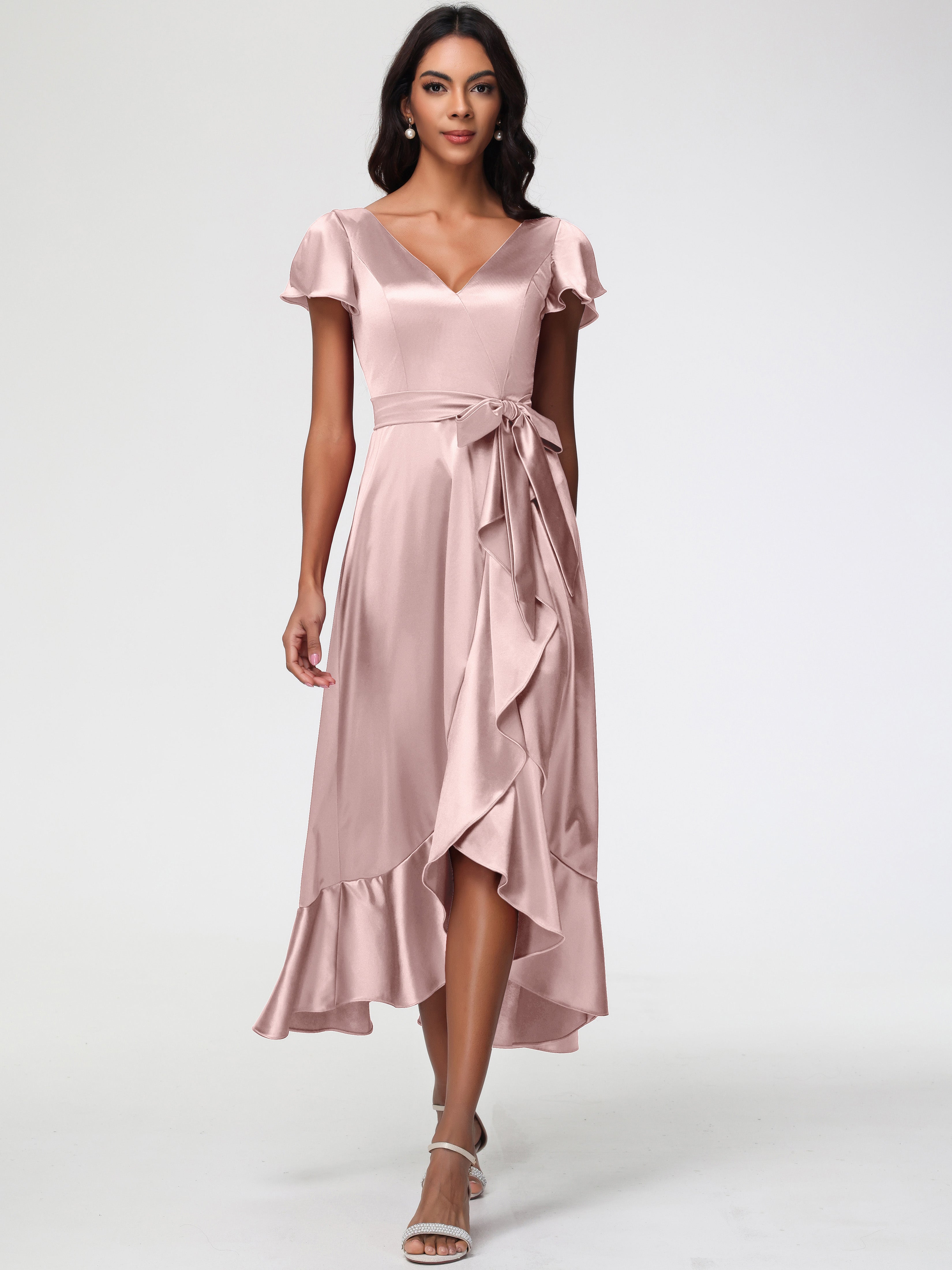 Bridesmaid Dresses UK Dusty Rose Tea-Length Short Sleeves Ruffles A-Li Bridesmaid Dresses UK Dusty Rose Tea-Length Short Sleeves Ruffles A-Li