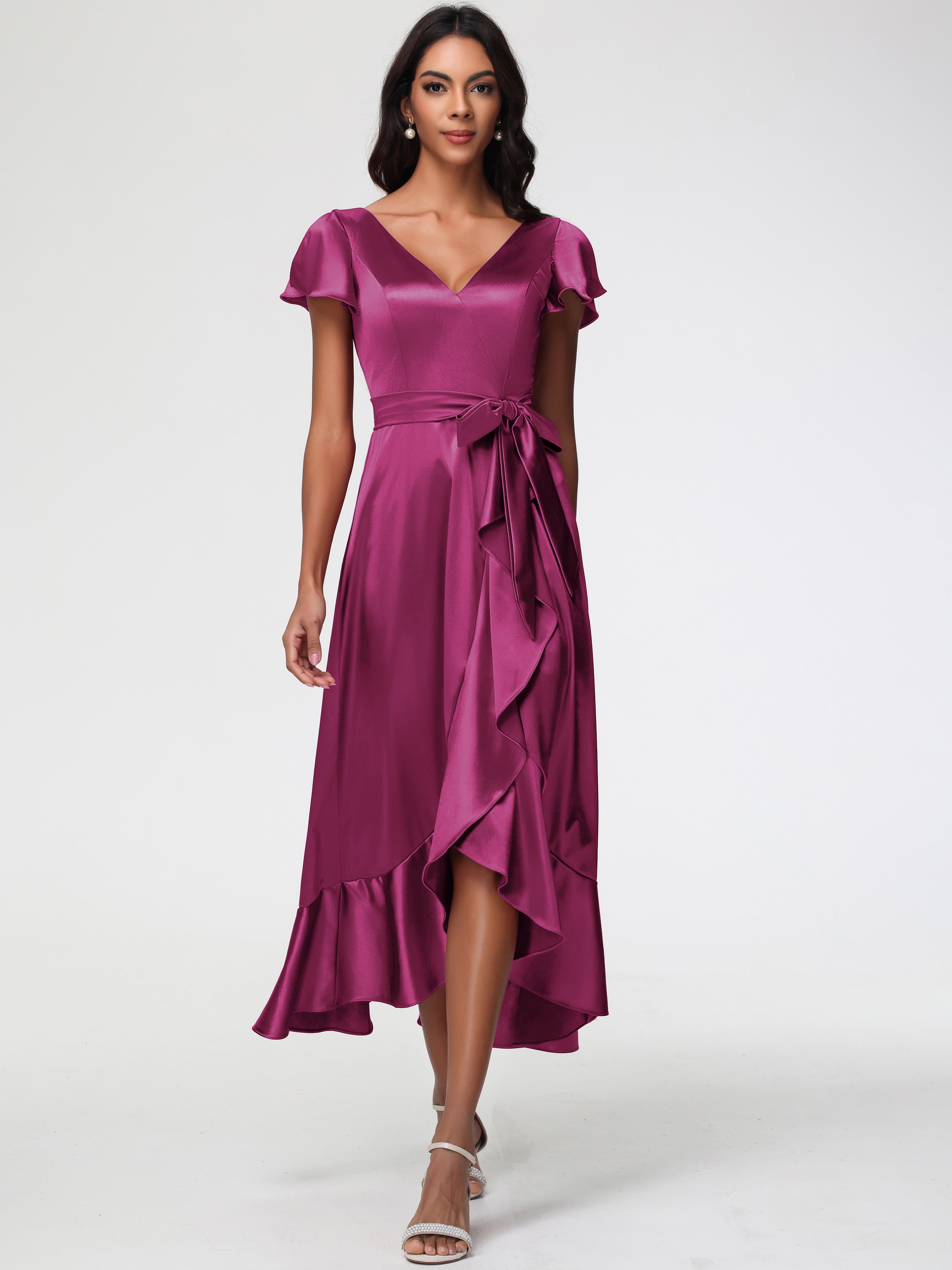 Satin Fuchsia Bridesmaid Dress Tea-Length Short Sleeves Ruffles A-Line