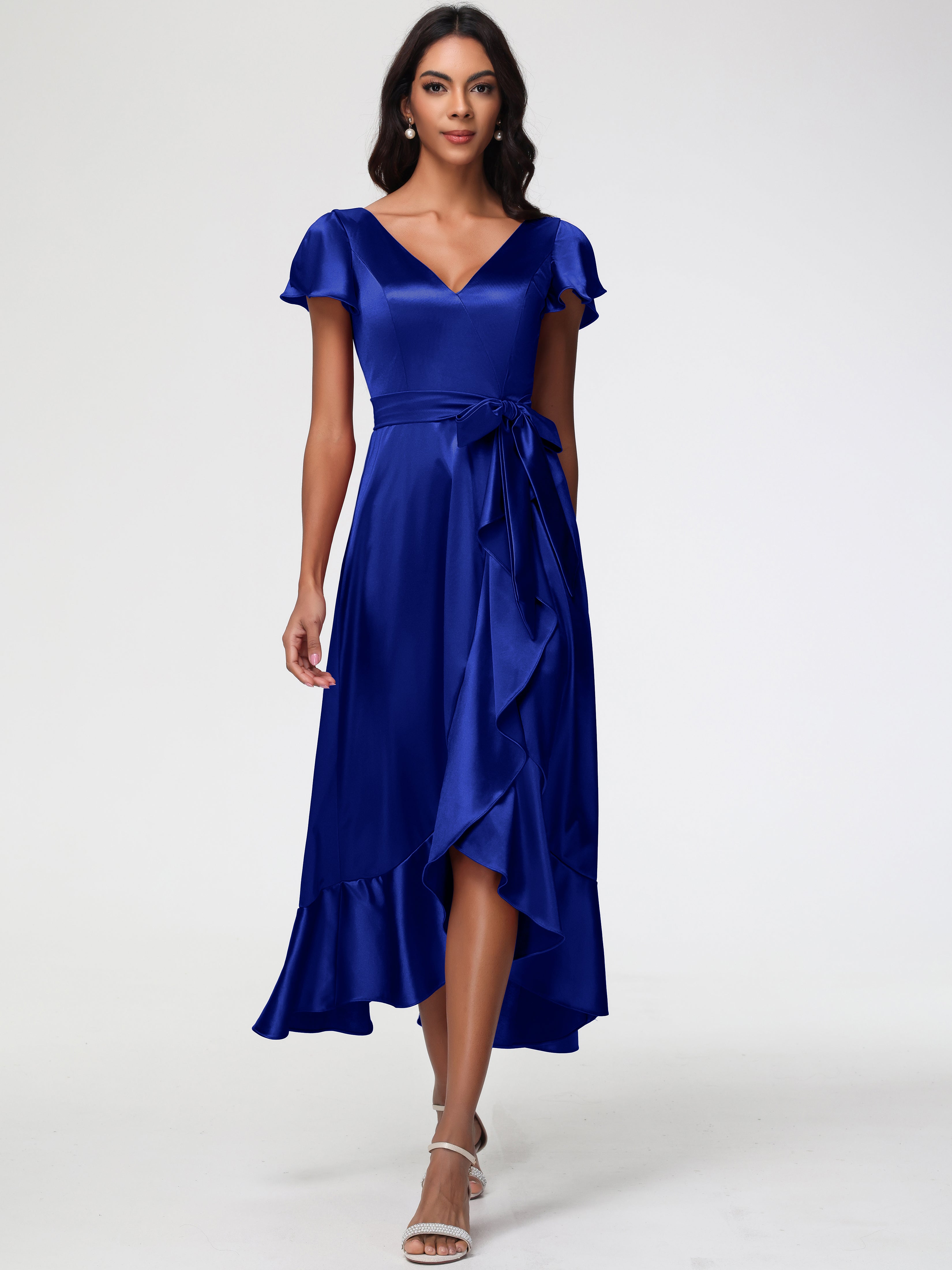 Royal Blue Prom Dress UK Tea-Length Short Sleeves Ruffles A-Line Stret