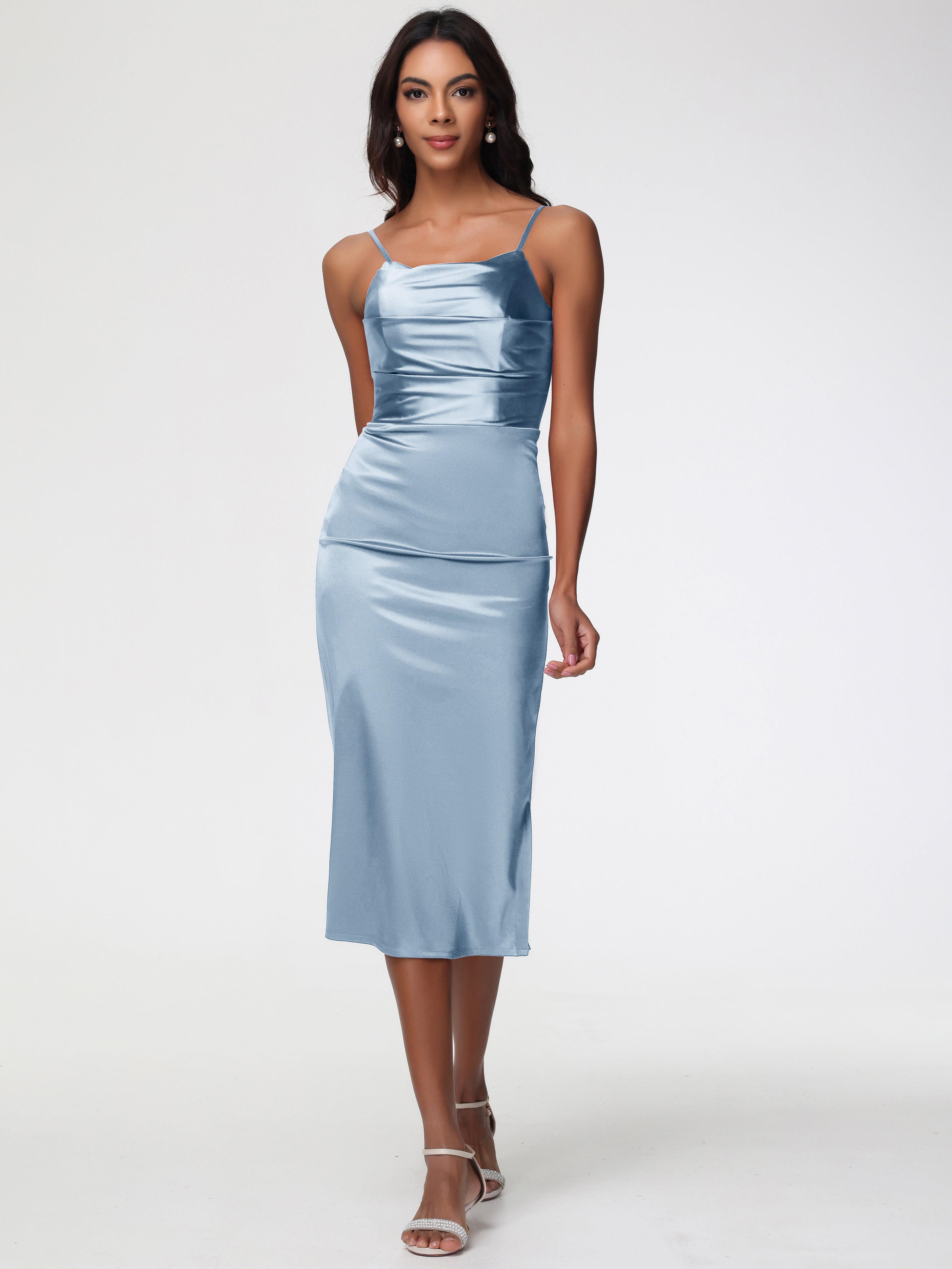 Dusty Blue Prom Dresses Tea-Length Spaghetti Straps Square Neckline Sl