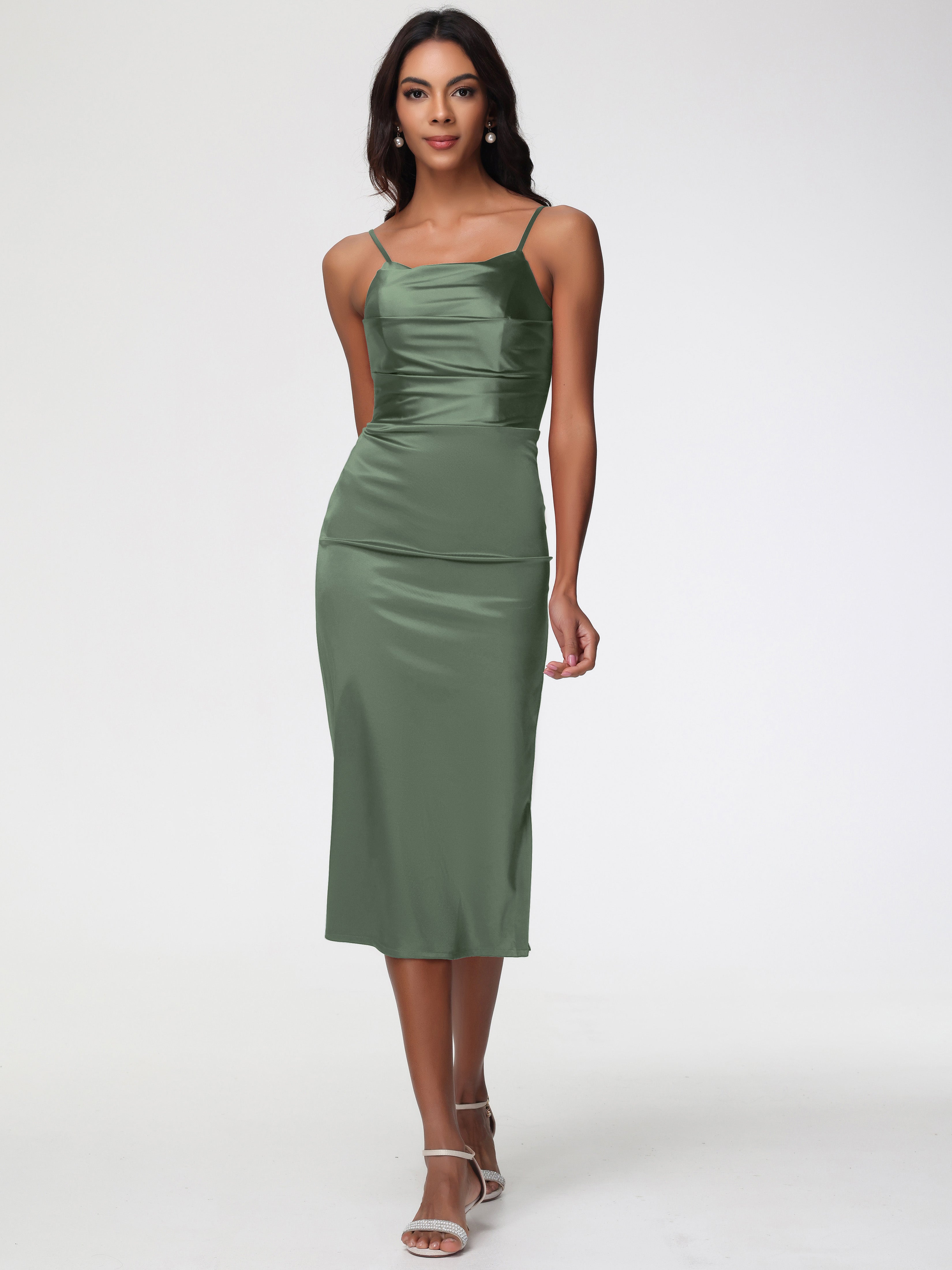 Olive Green Prom Dresses Tea-Length Spaghetti Straps Square Neckline S Olive Green Prom Dresses Tea-Length Spaghetti Straps Square Neckline S