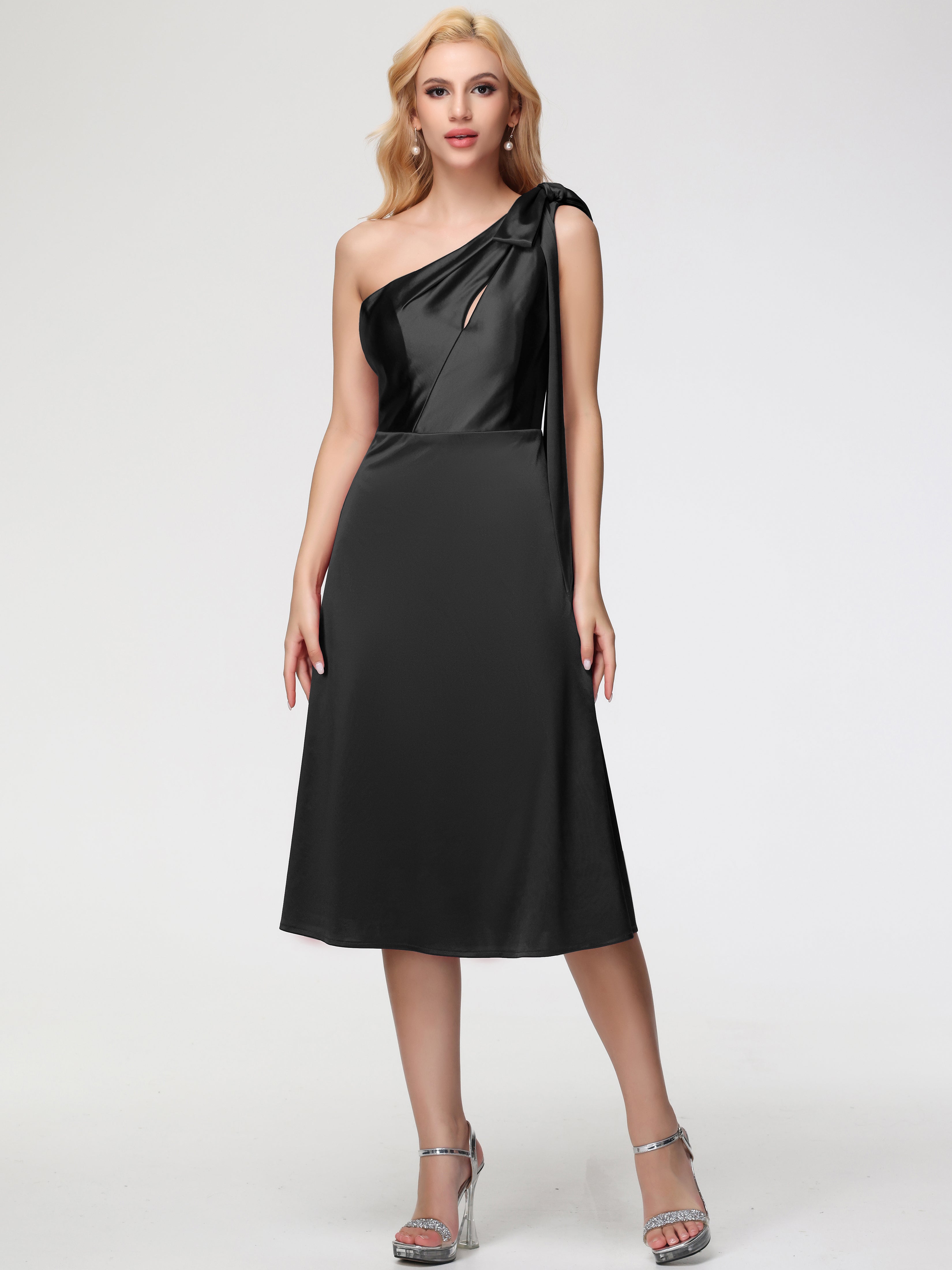 Bridesmaids Dresses Black One Shoulder Tea-Length Sleeveless A-Line St