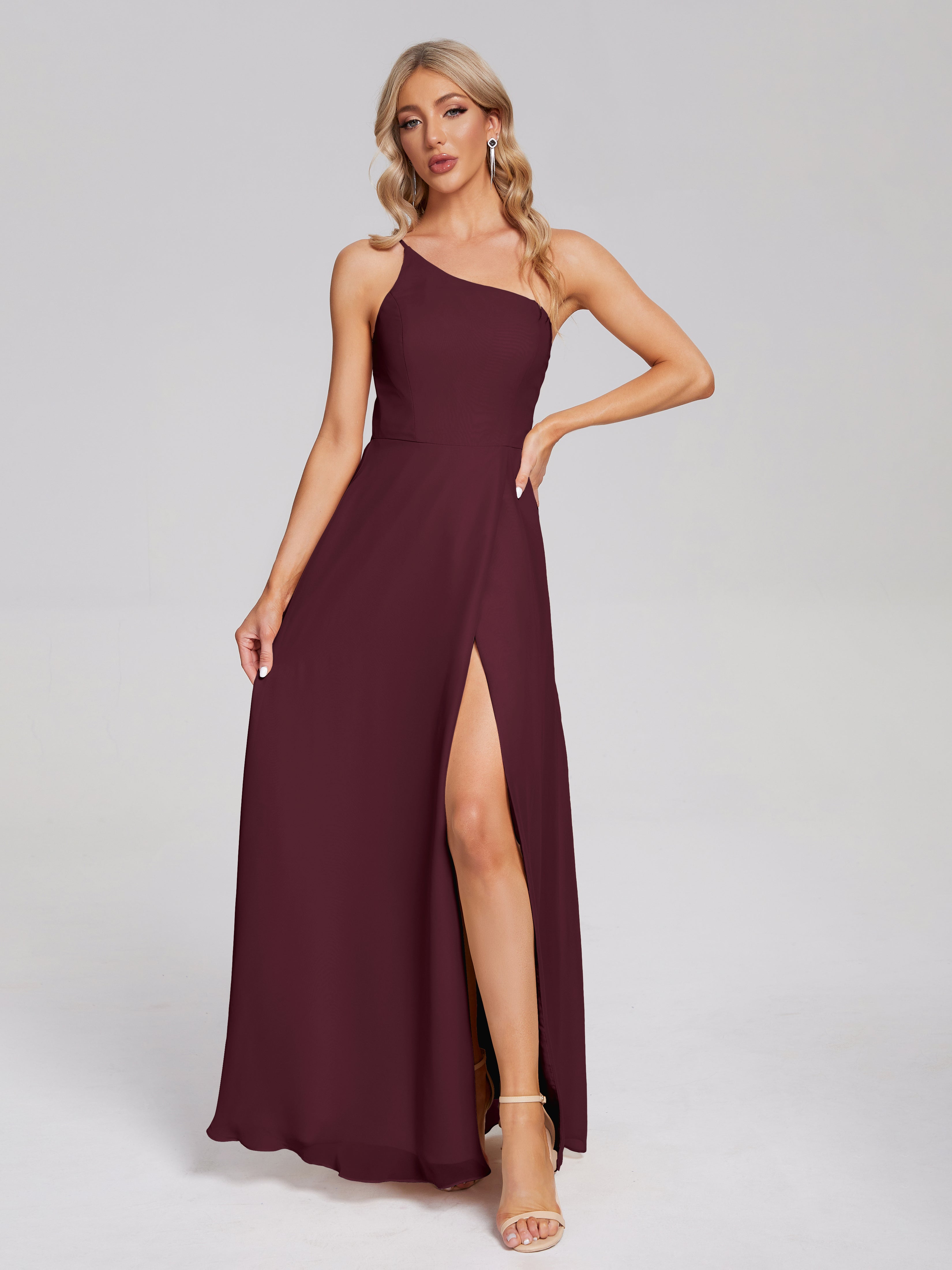 Chiffon Cabernet Bridesmaid Dress Simple One-Shoulder Chiffon Bridesma