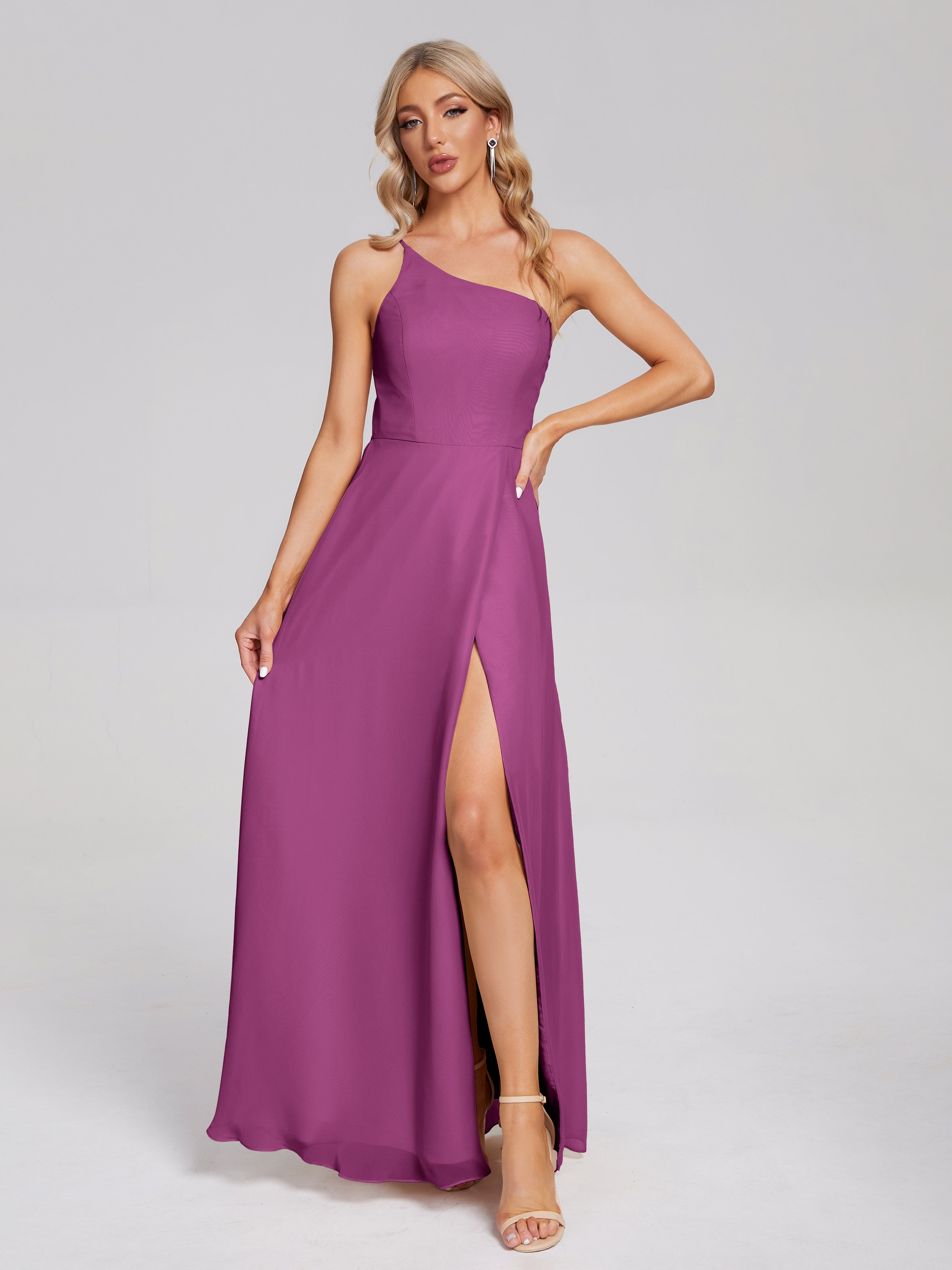 Orchid Color Bridesmaid Dresses Simple One-Shoulder Chiffon Bridesmaid