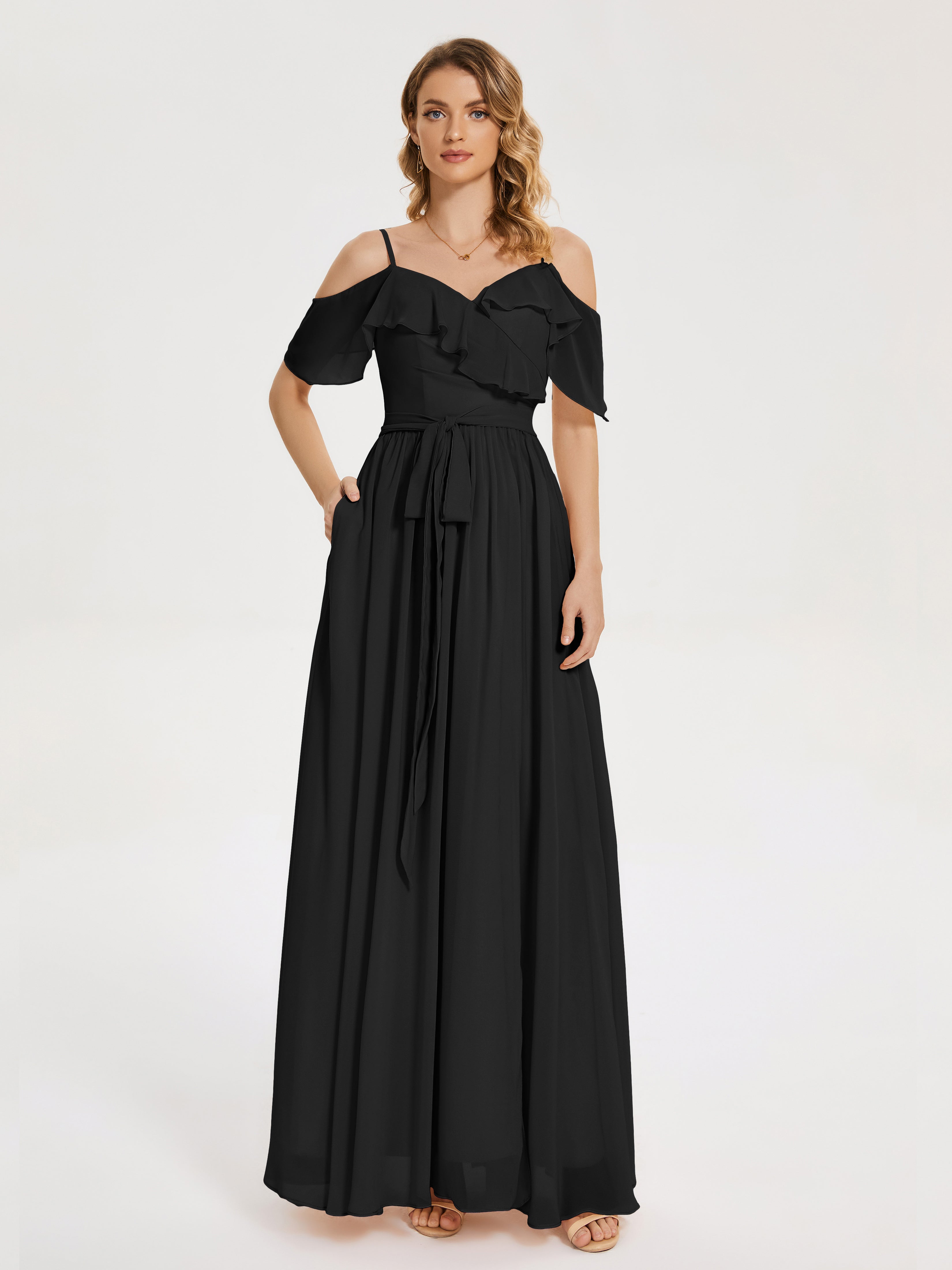Chiffon Black Bridesmaid Dresses Thea Drape Sleeves Chiffon Bridesmaid