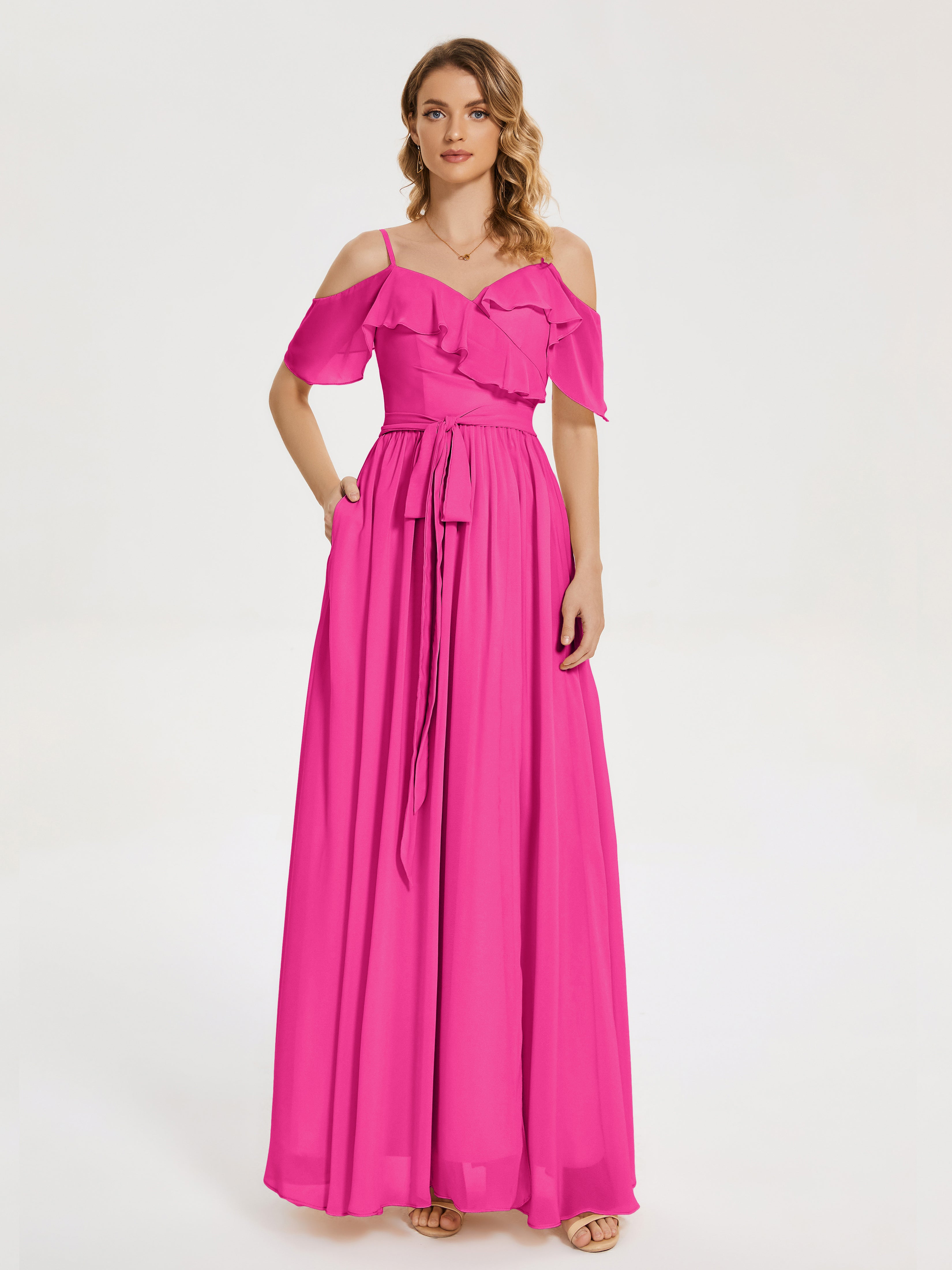 Bridesmaid Fuchsia Dress Thea Drape Sleeves Chiffon Bridesmaid Dresses