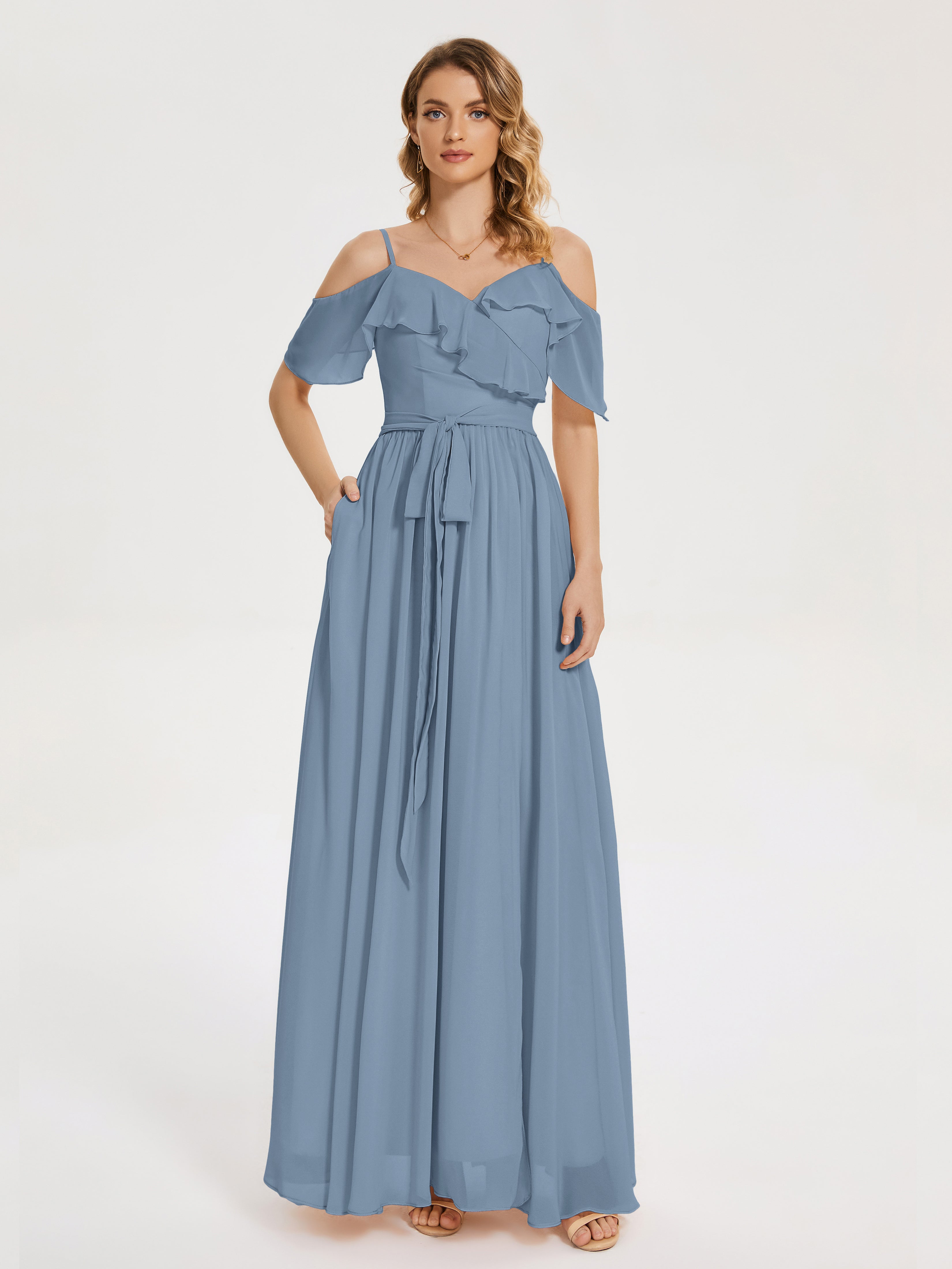 Slate Blue Bridesmaid Dresses With Sleeves Thea Drape Sleeves Chiffon