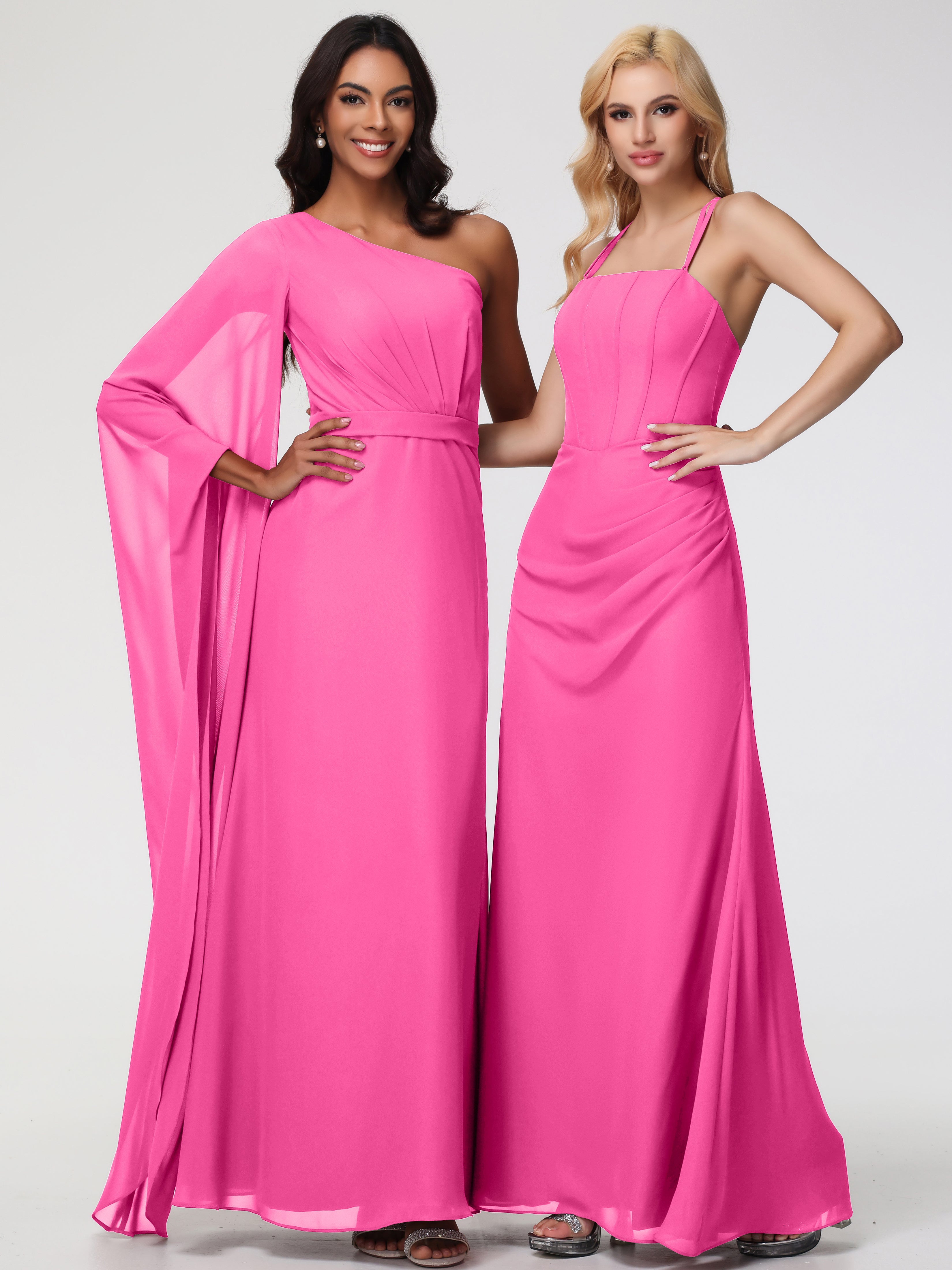Spaghetti Straps Sheath/Column Long Chiffon Bridesmaid Dresses With Split