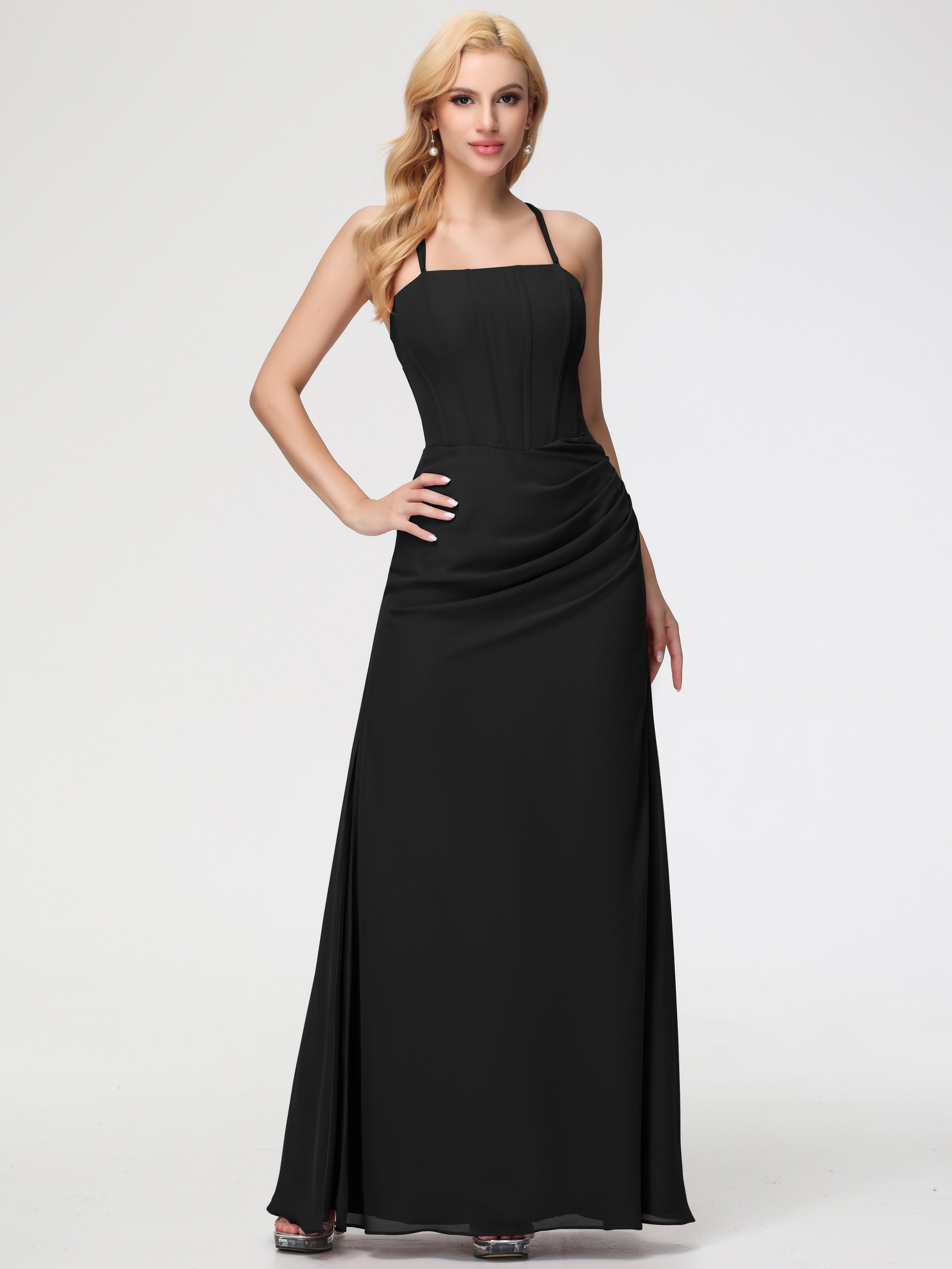 Spaghetti Straps Sheath/Column Long Chiffon Bridesmaid Dresses With Split