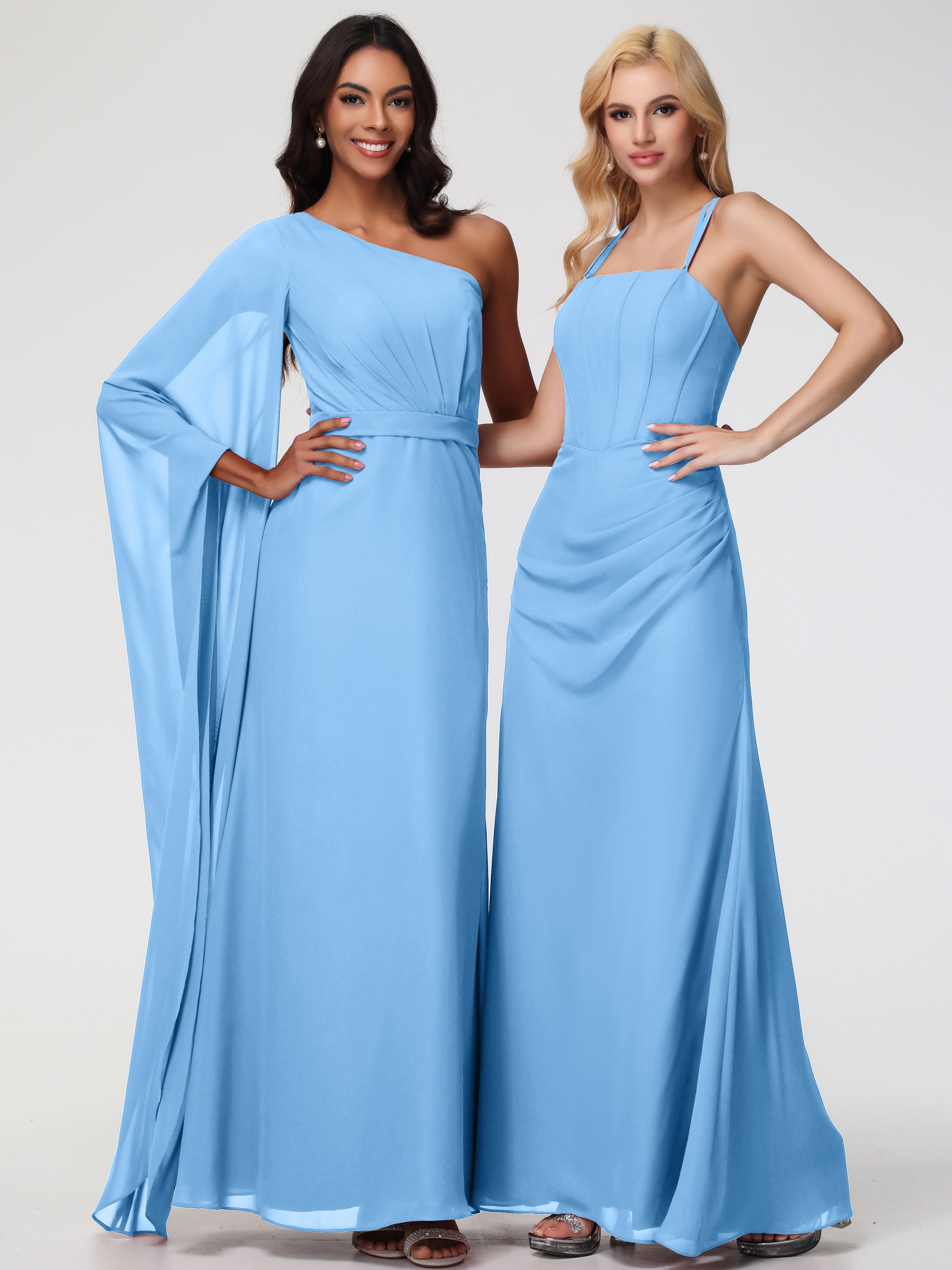 Spaghetti Straps Sheath/Column Long Chiffon Bridesmaid Dresses With Split