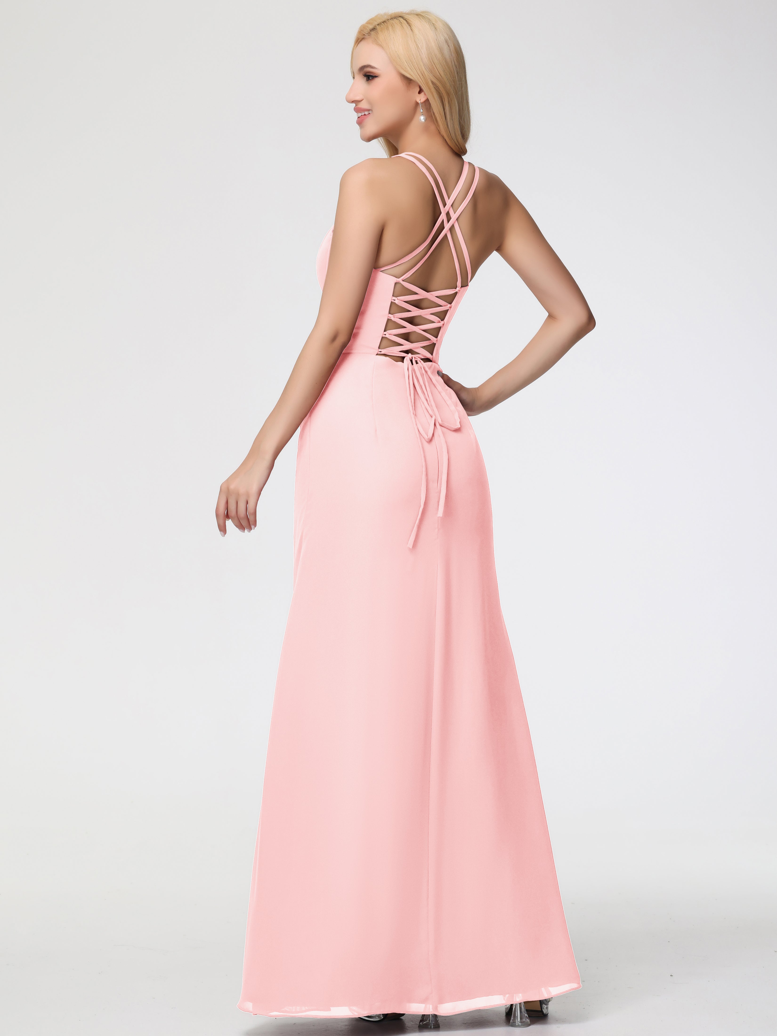 Spaghetti Straps Sheath/Column Long Chiffon Bridesmaid Dresses With Split