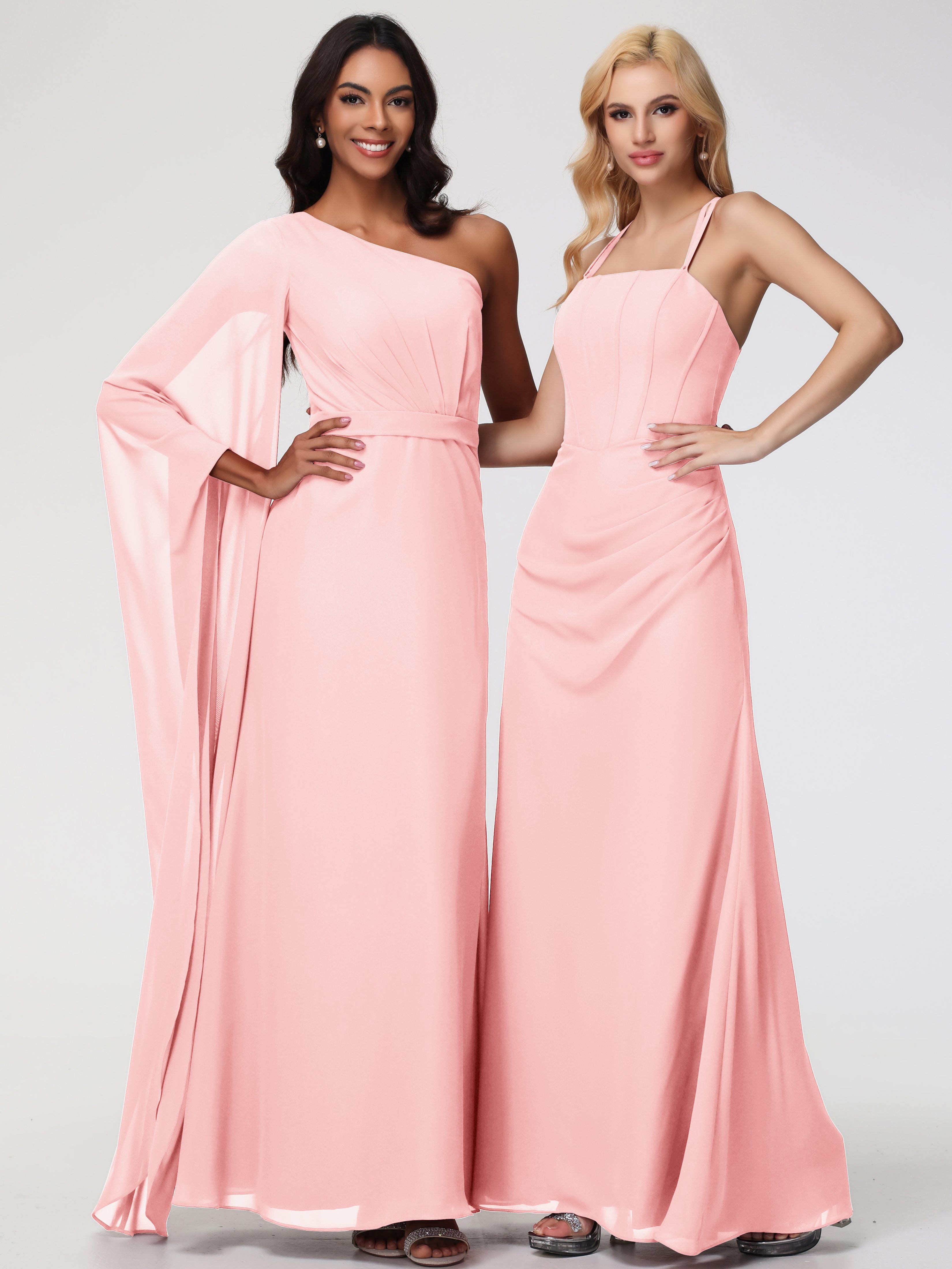 Spaghetti Straps Sheath/Column Long Chiffon Bridesmaid Dresses With Split