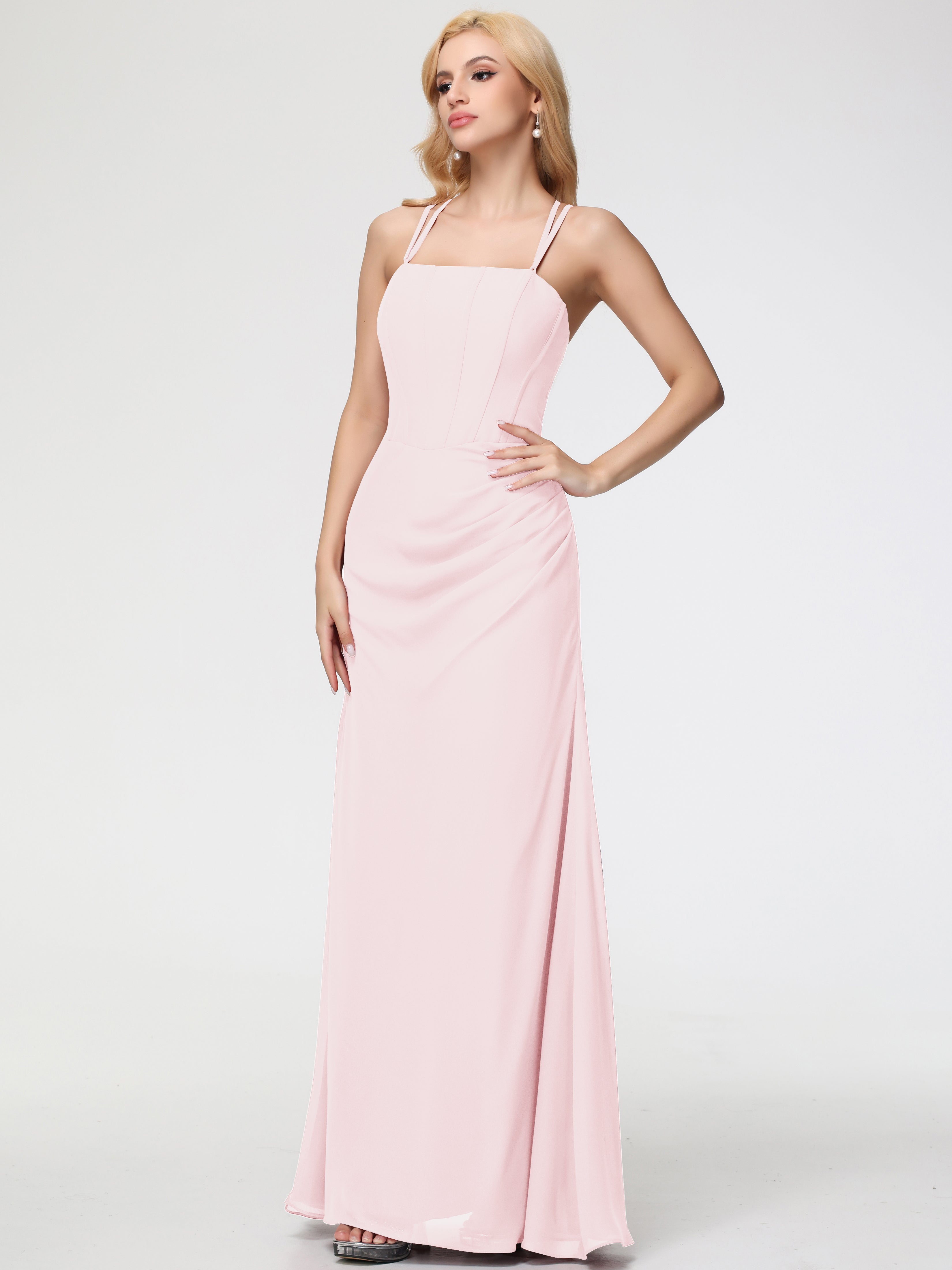 Spaghetti Straps Sheath/Column Long Chiffon Bridesmaid Dresses With Split
