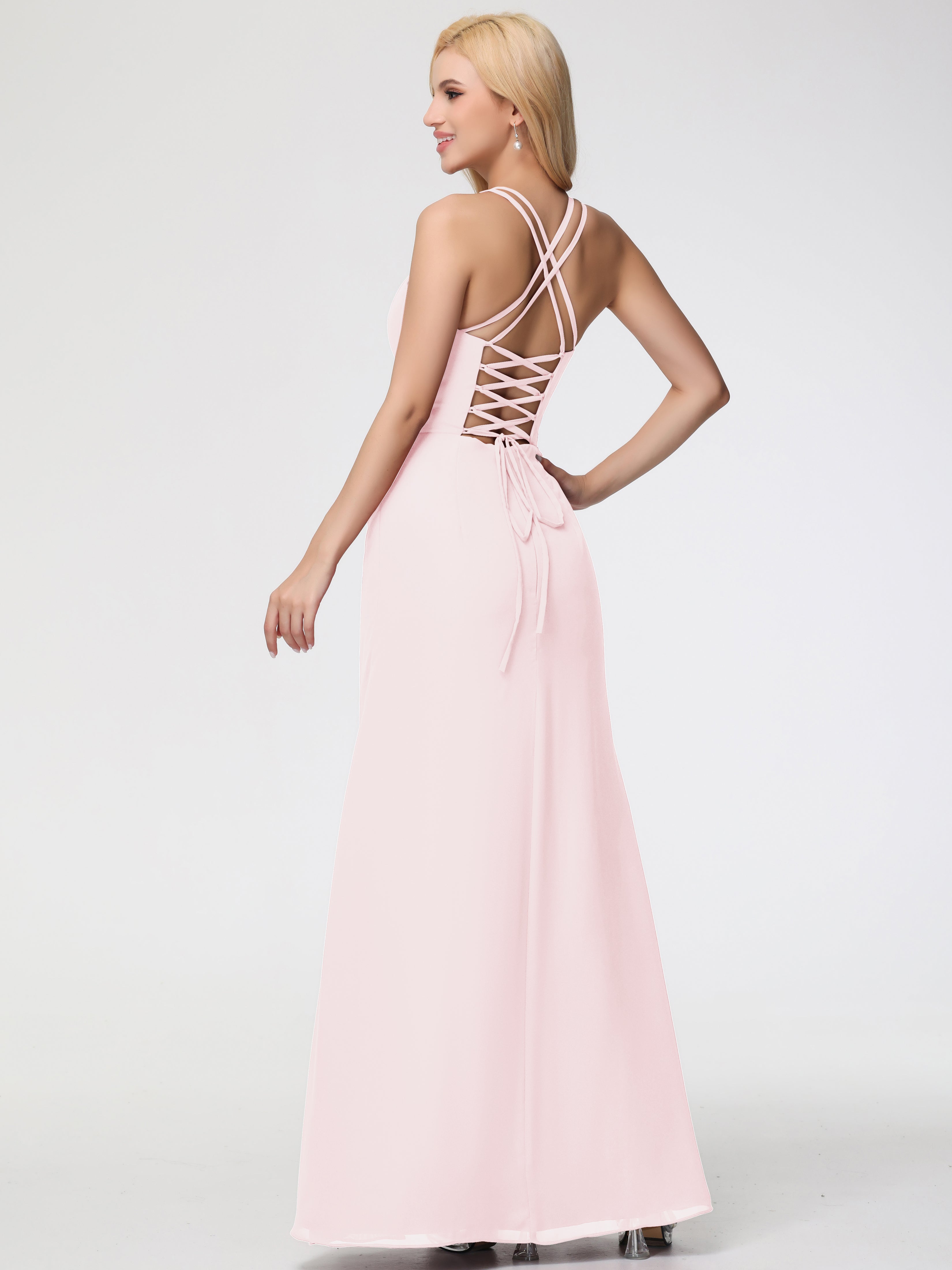 Spaghetti Straps Sheath/Column Long Chiffon Bridesmaid Dresses With Split