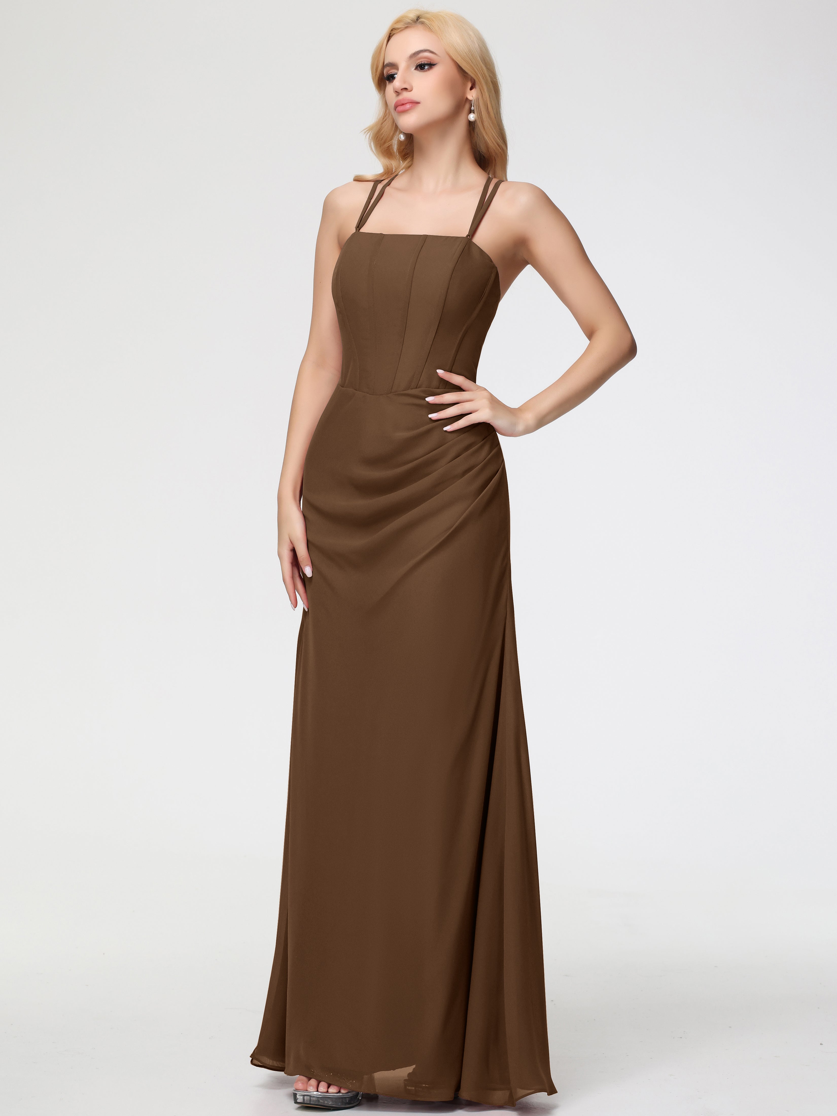 Spaghetti Straps Sheath/Column Long Chiffon Bridesmaid Dresses With Split