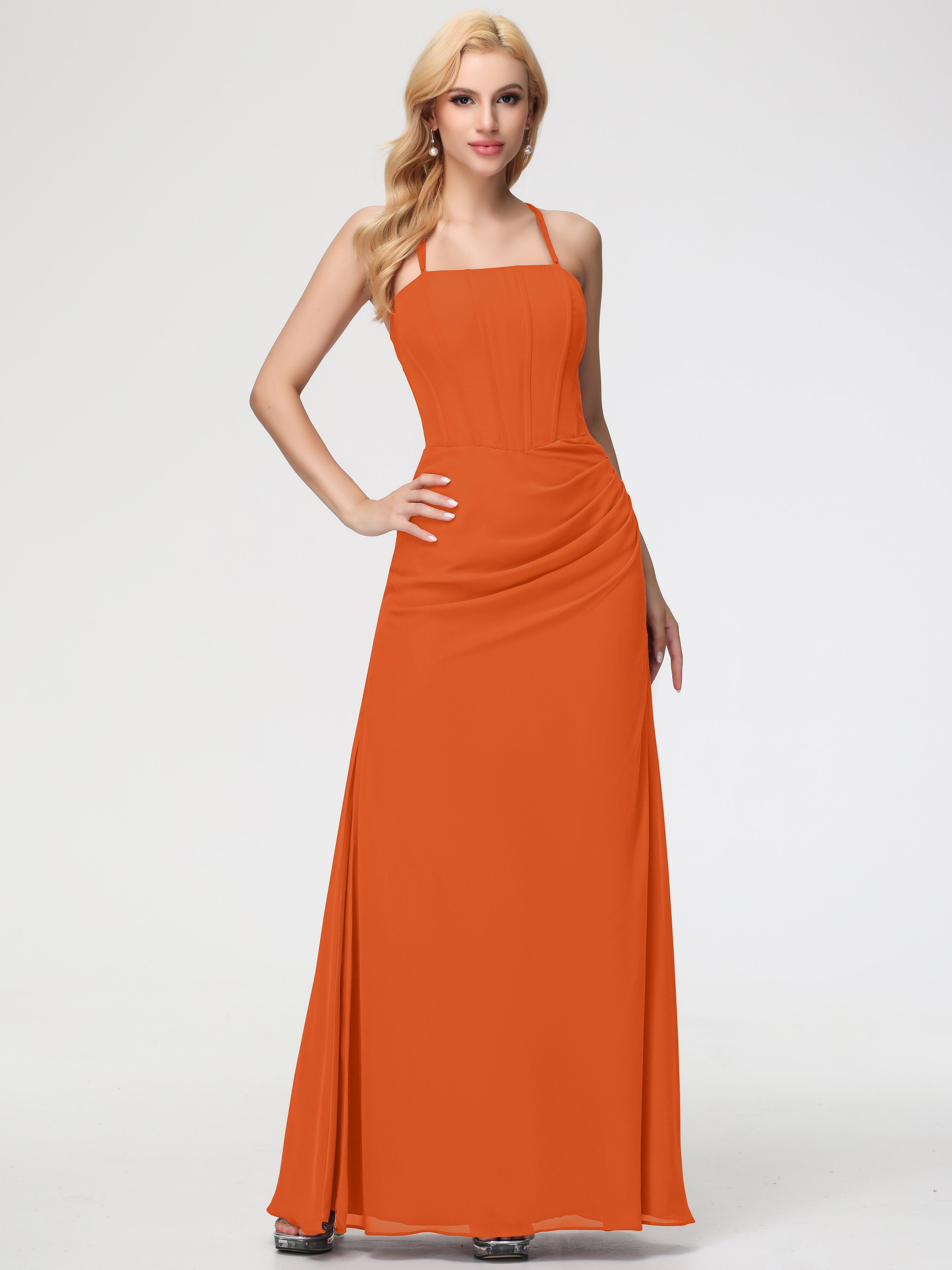 Spaghetti Straps Sheath/Column Long Chiffon Bridesmaid Dresses With Split