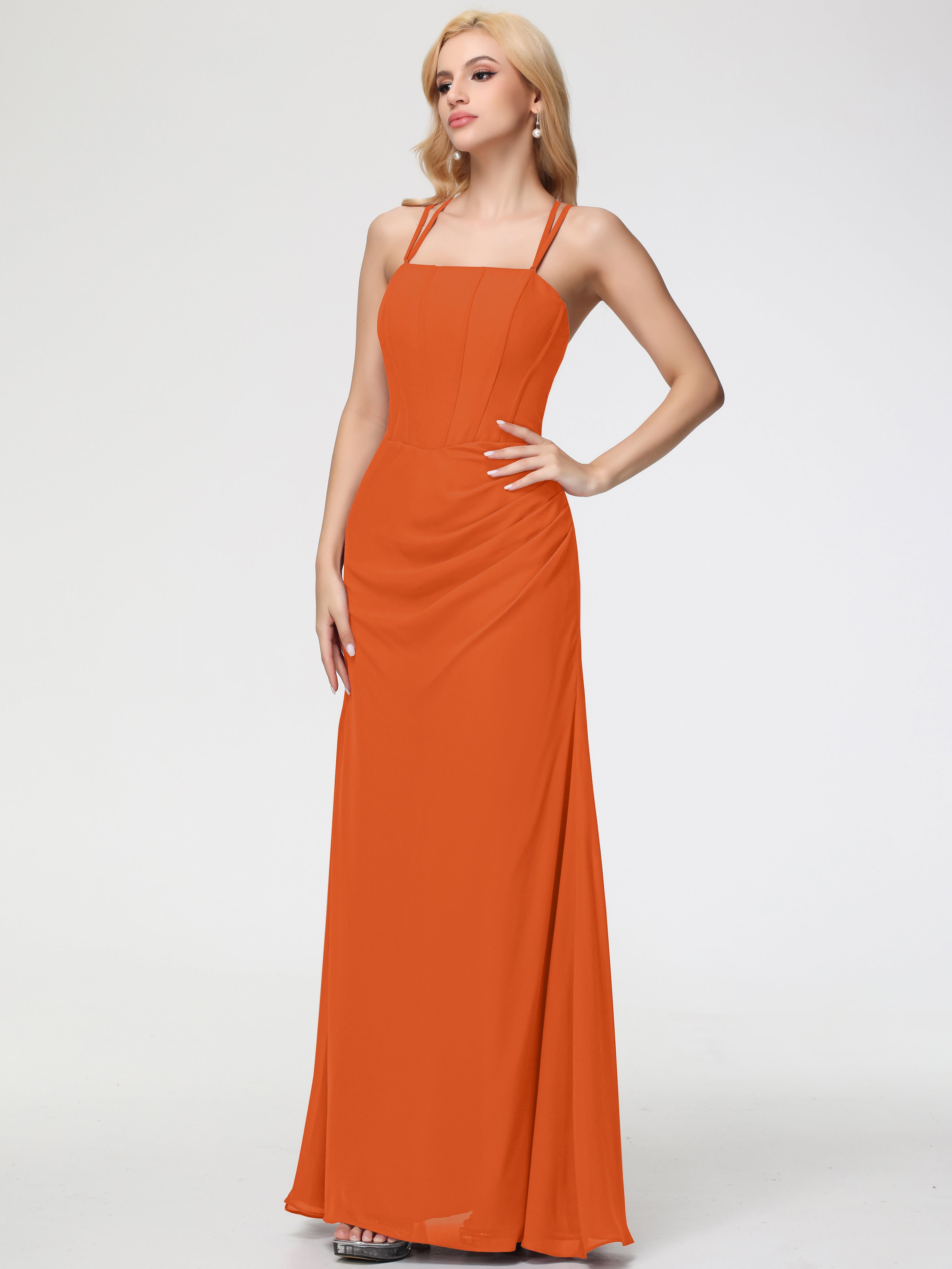 Spaghetti Straps Sheath/Column Long Chiffon Bridesmaid Dresses With Split