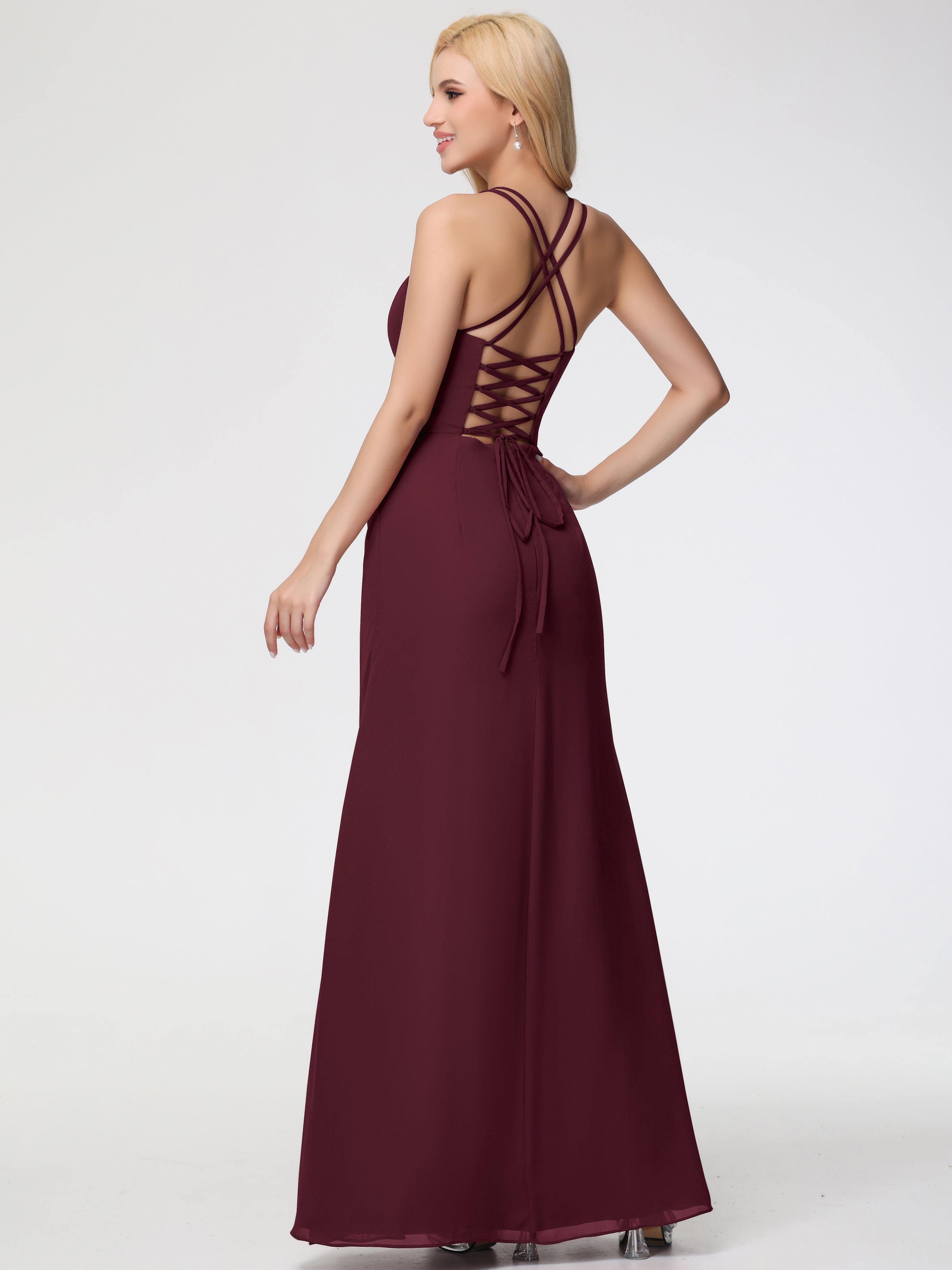 Spaghetti Straps Sheath/Column Long Chiffon Bridesmaid Dresses With Split