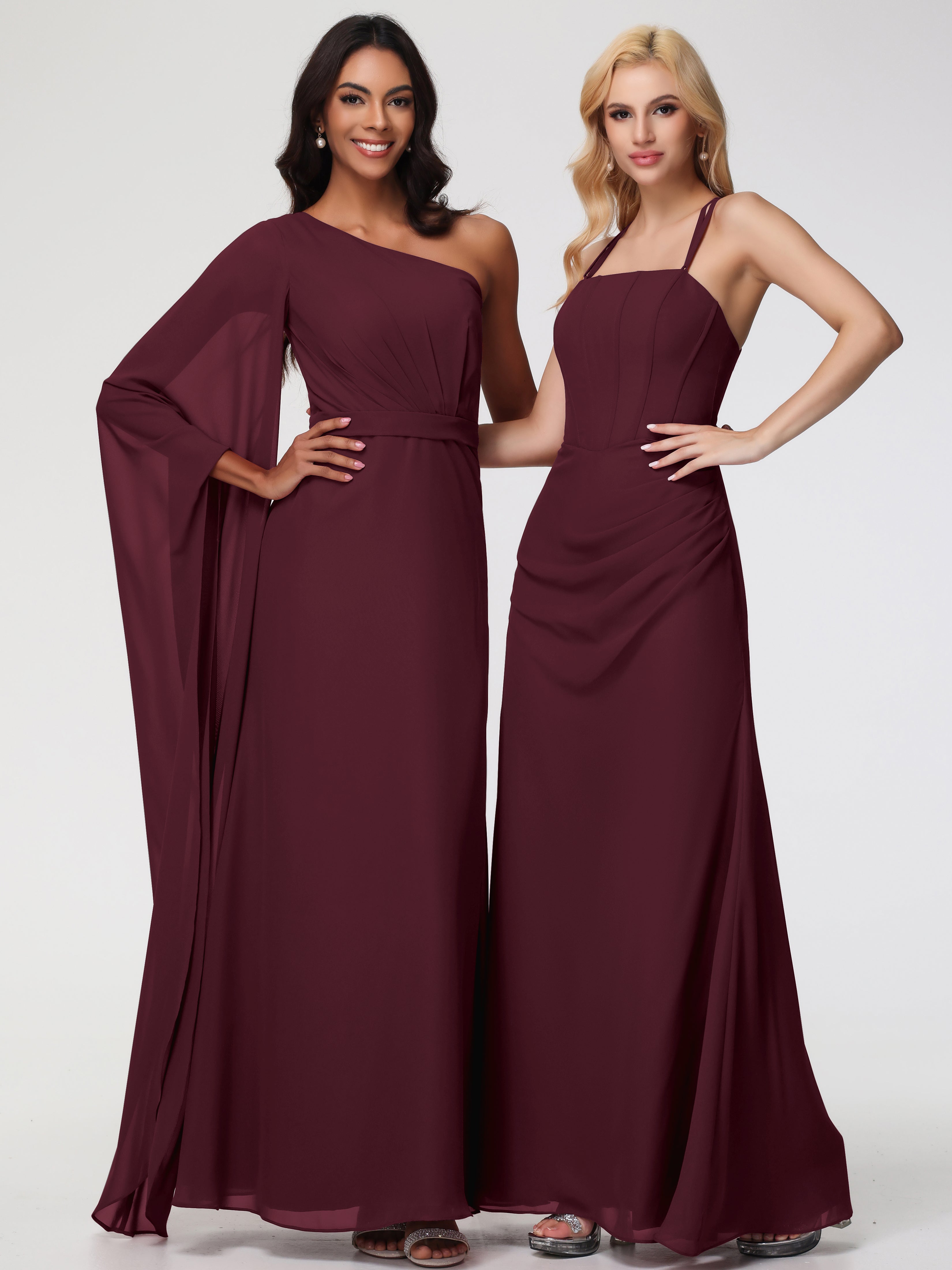 Spaghetti Straps Sheath/Column Long Chiffon Bridesmaid Dresses With Split