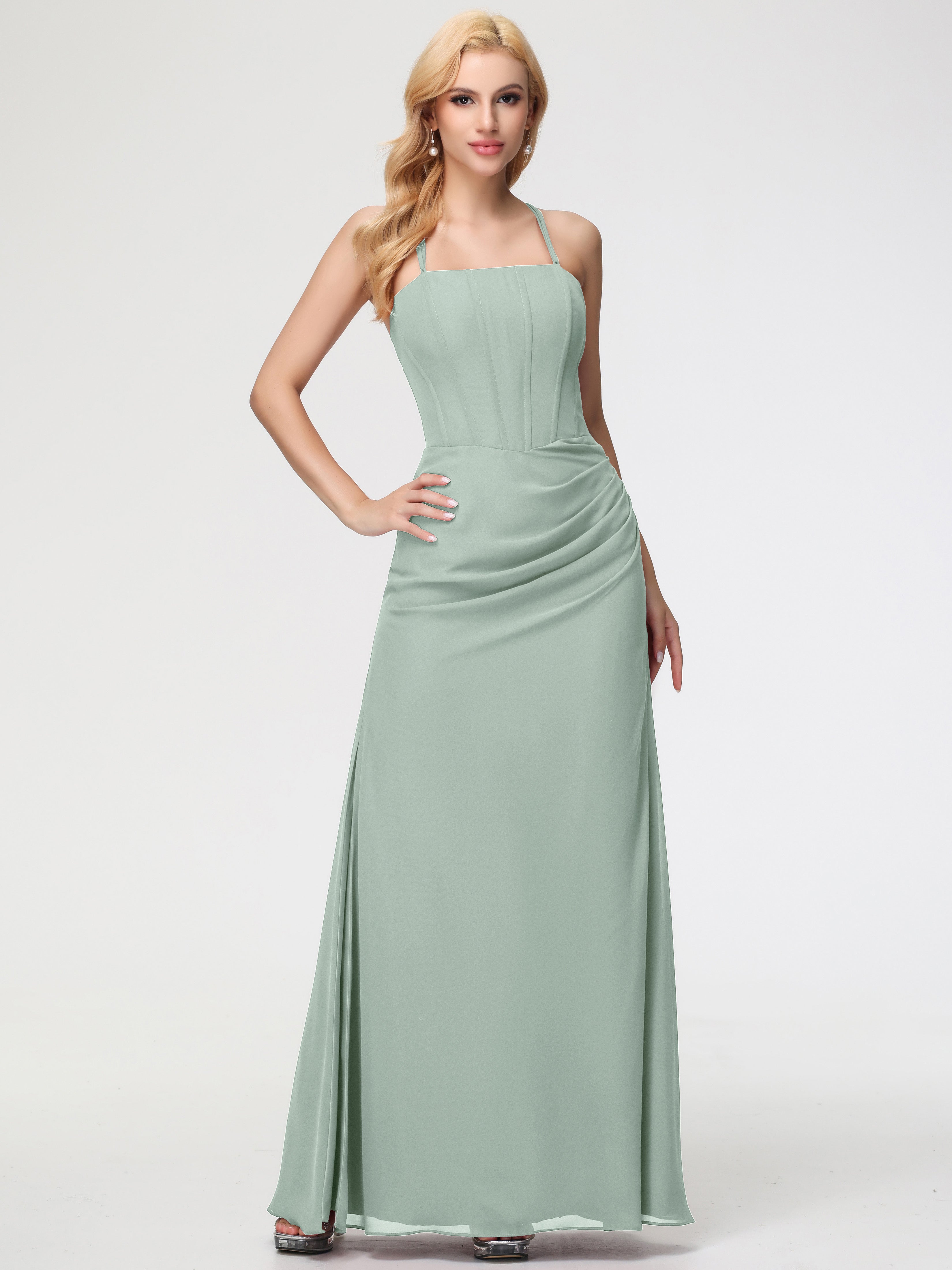 Spaghetti Straps Sheath/Column Long Chiffon Bridesmaid Dresses With Split