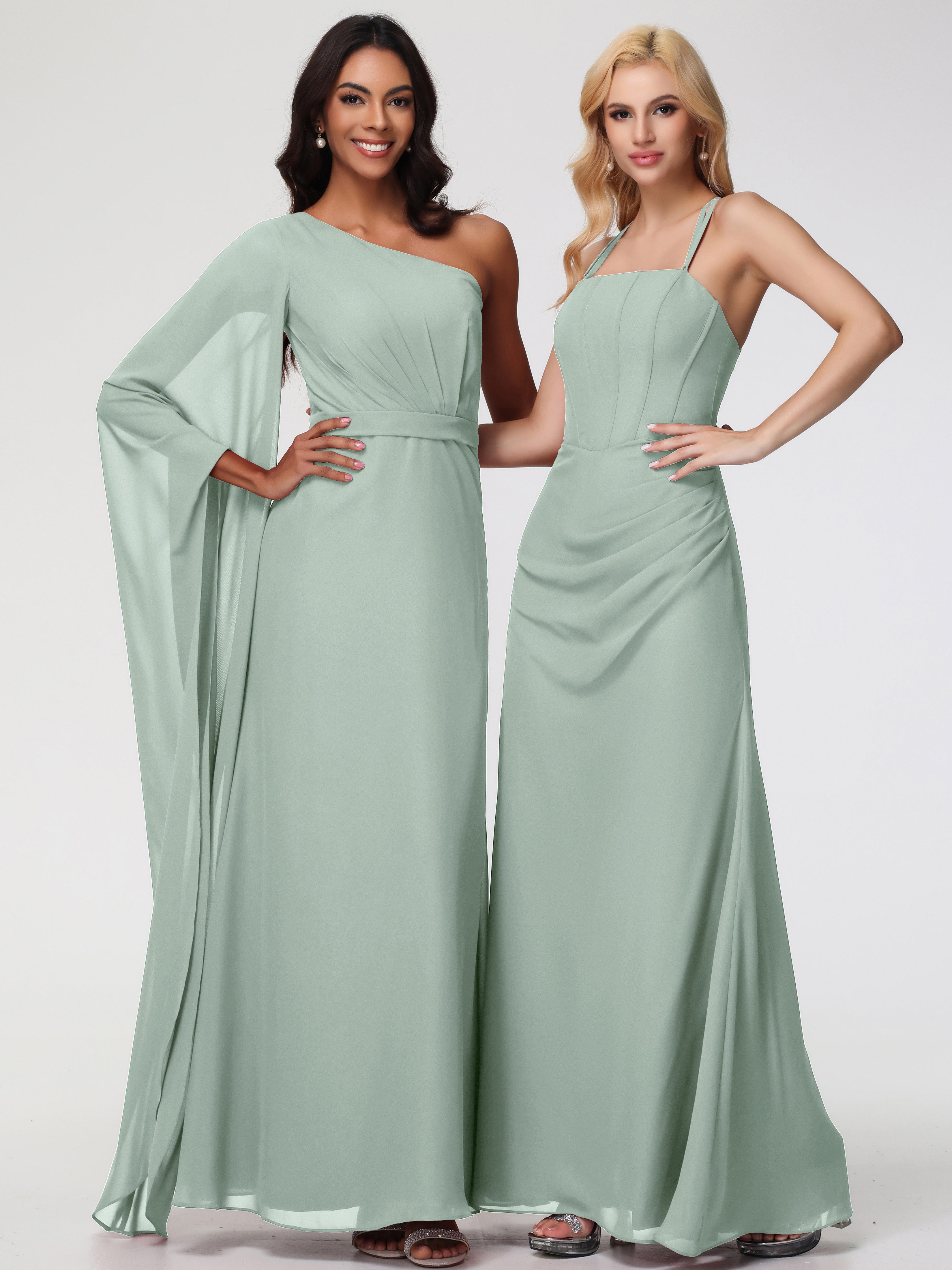 Spaghetti Straps Sheath/Column Long Chiffon Bridesmaid Dresses With Split