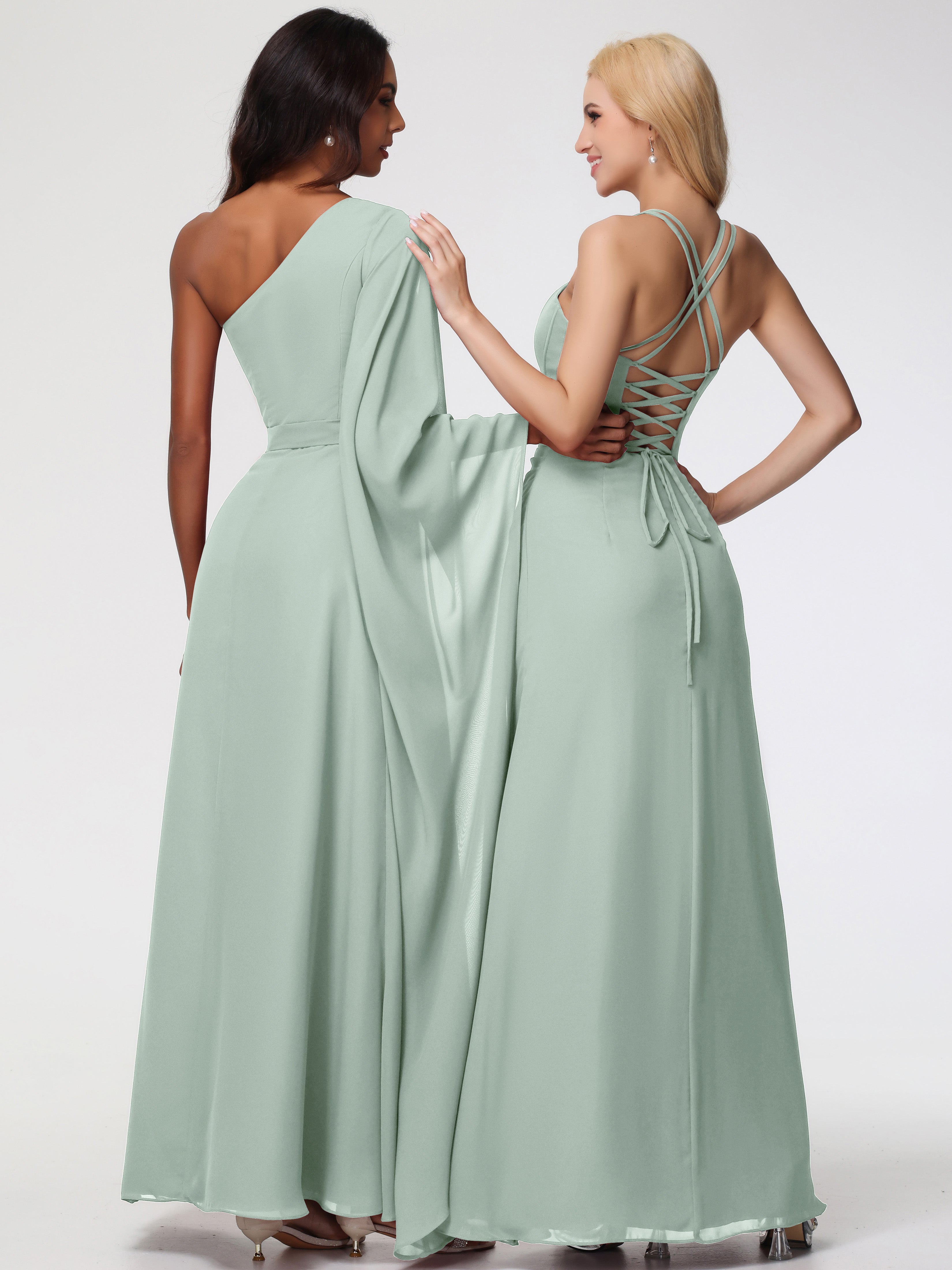Spaghetti Straps Sheath/Column Long Chiffon Bridesmaid Dresses With Split