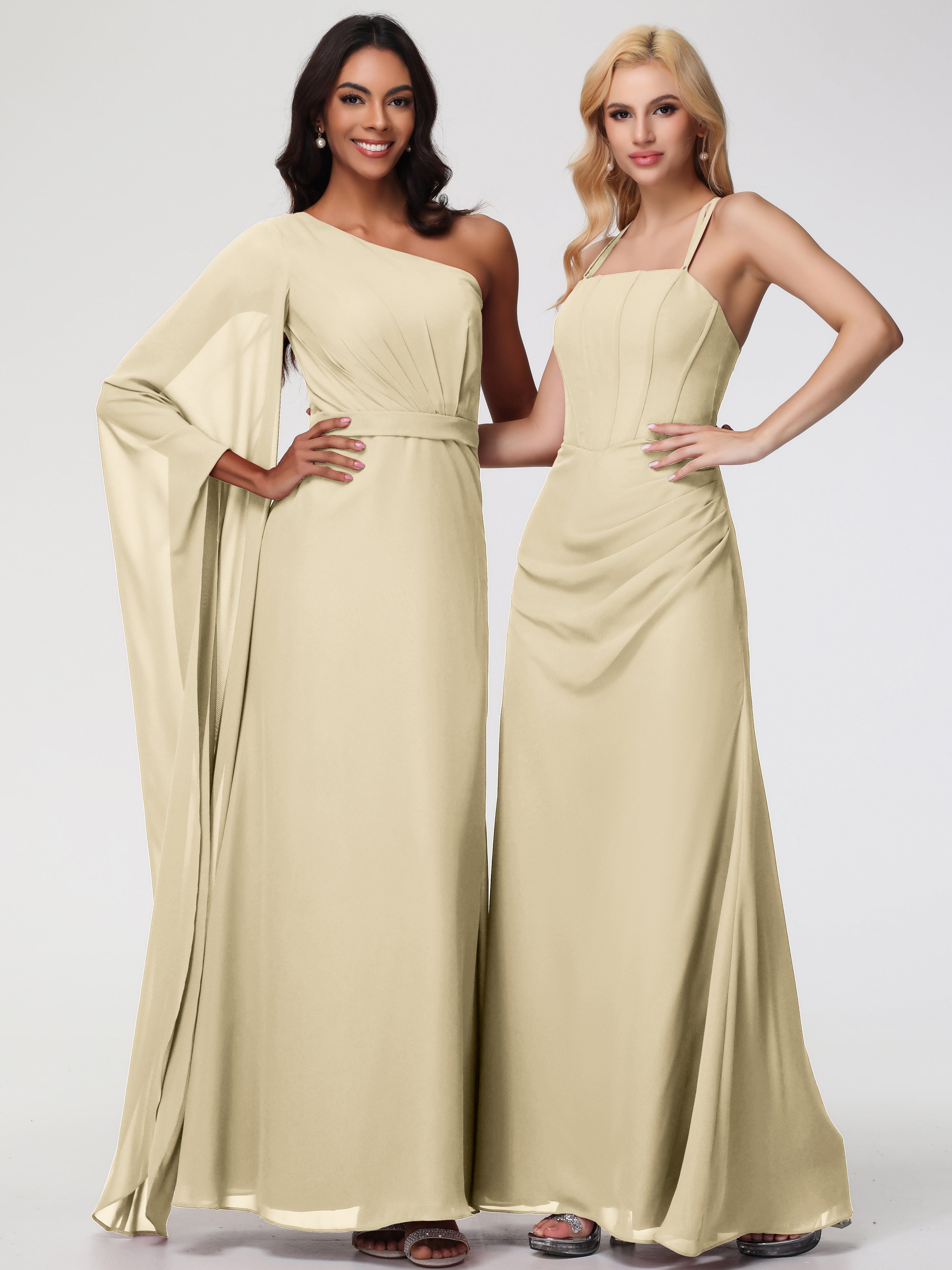 Spaghetti Straps Sheath/Column Long Chiffon Bridesmaid Dresses With Split