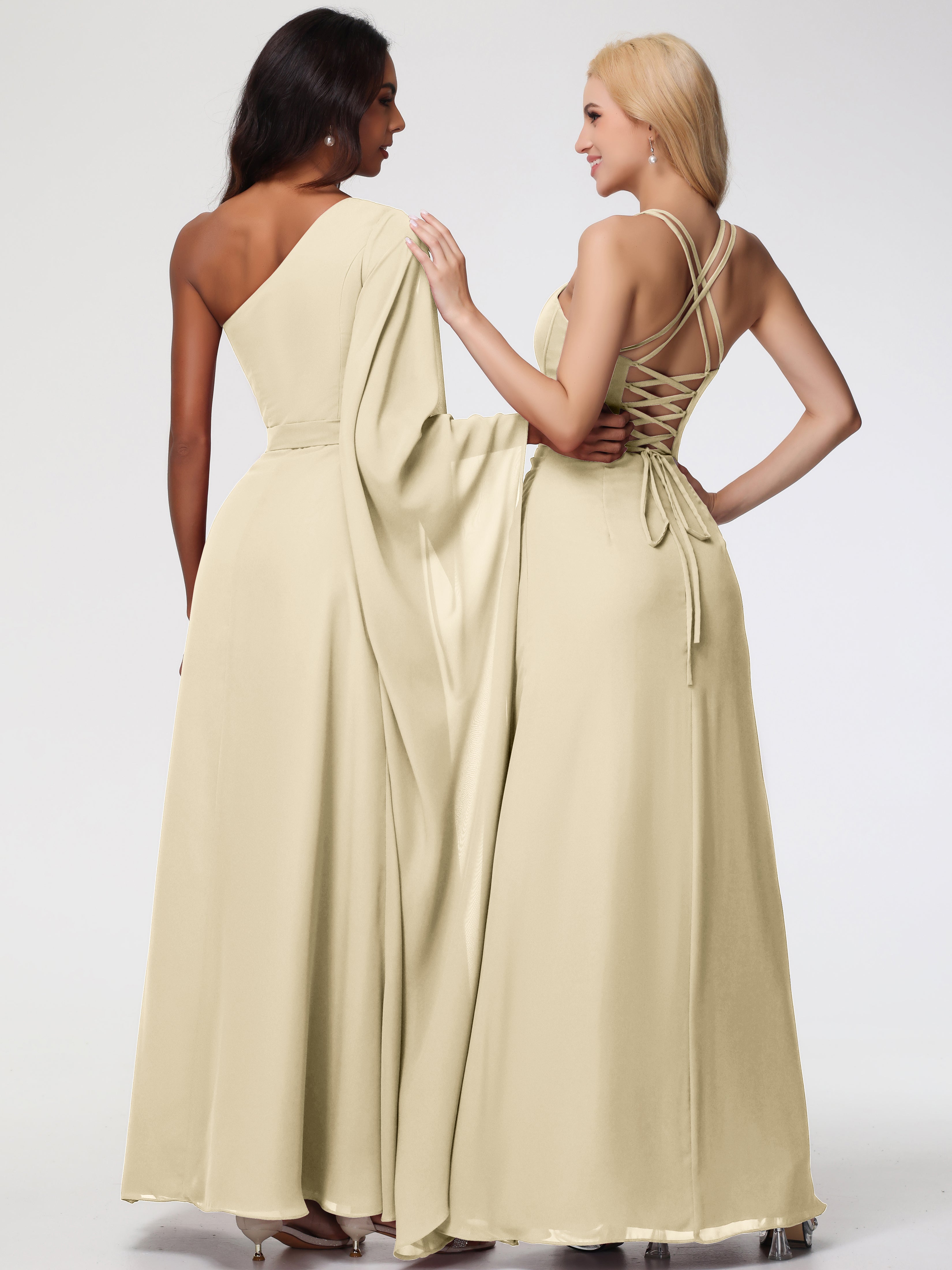 Spaghetti Straps Sheath/Column Long Chiffon Bridesmaid Dresses With Split