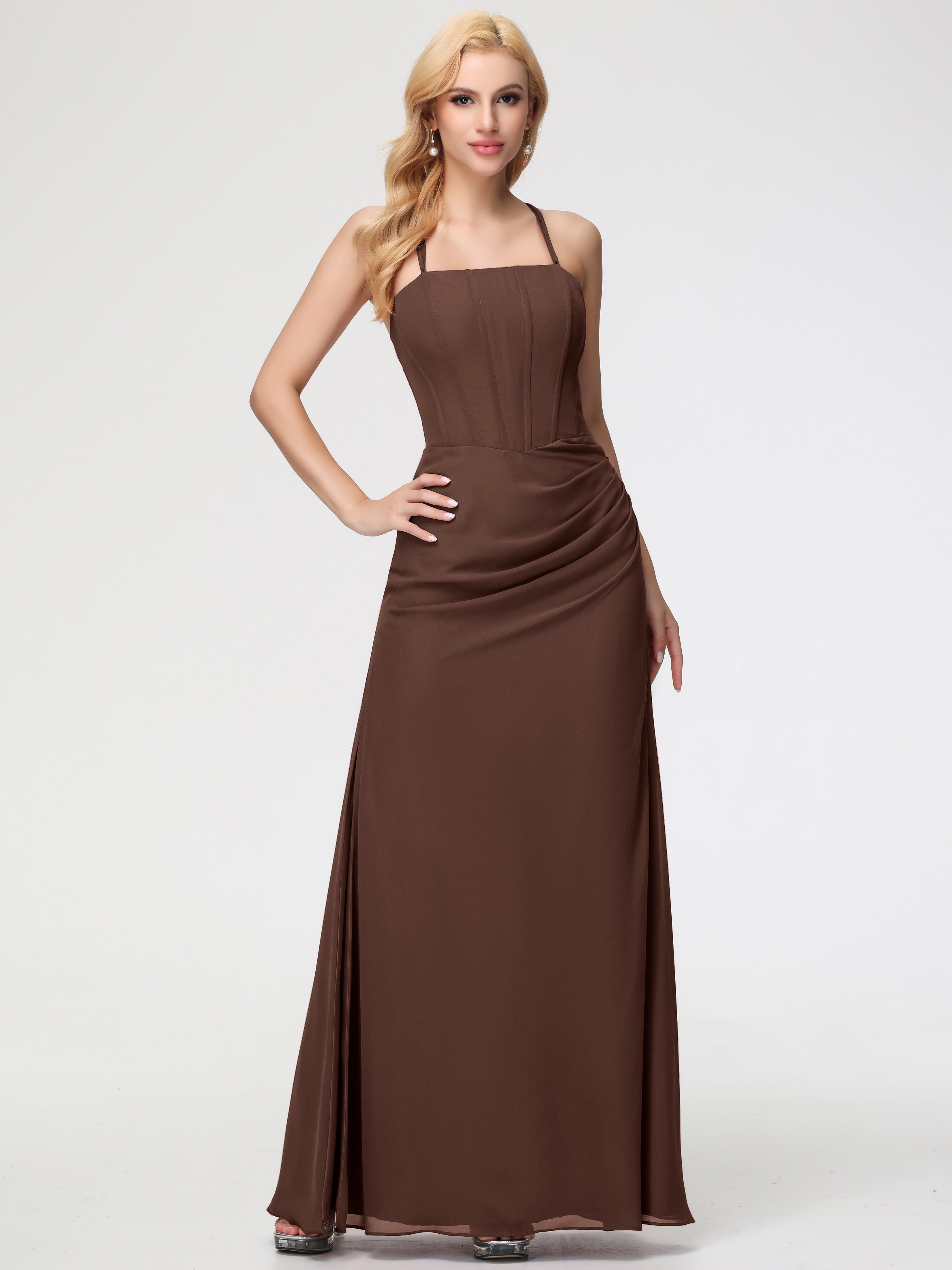 Spaghetti Straps Sheath/Column Long Chiffon Bridesmaid Dresses With Split