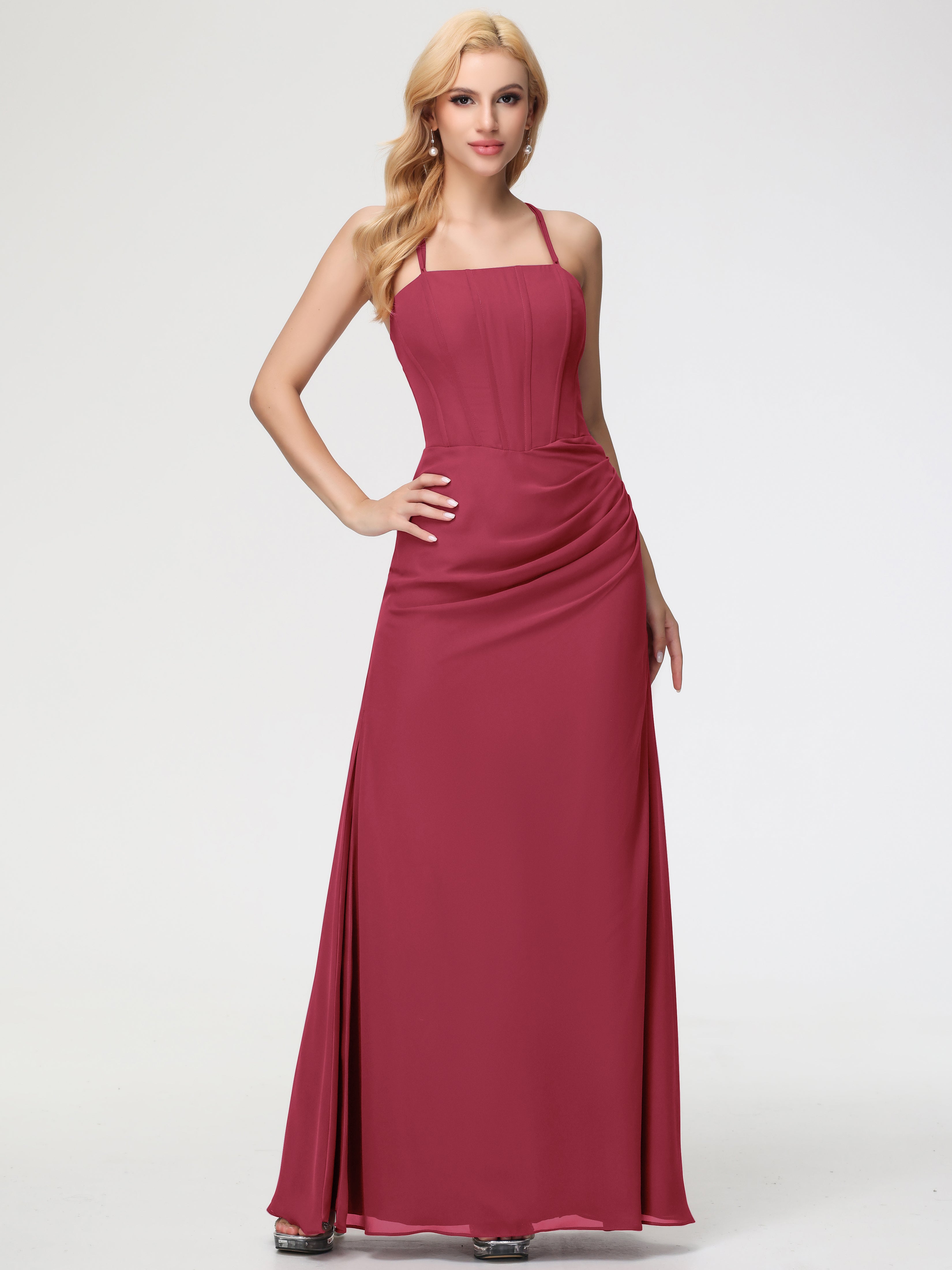 Spaghetti Straps Sheath/Column Long Chiffon Bridesmaid Dresses With Split