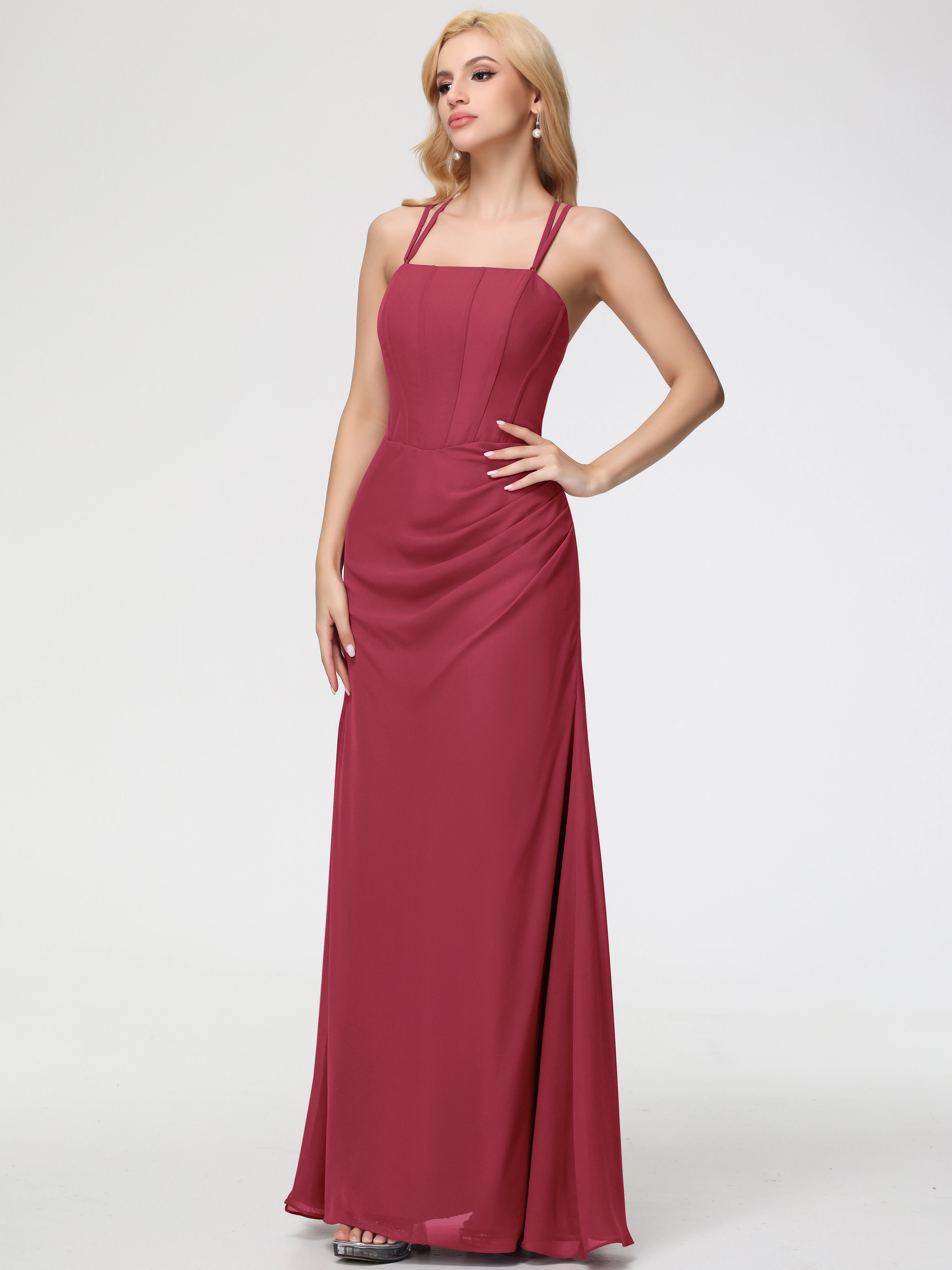Spaghetti Straps Sheath/Column Long Chiffon Bridesmaid Dresses With Split