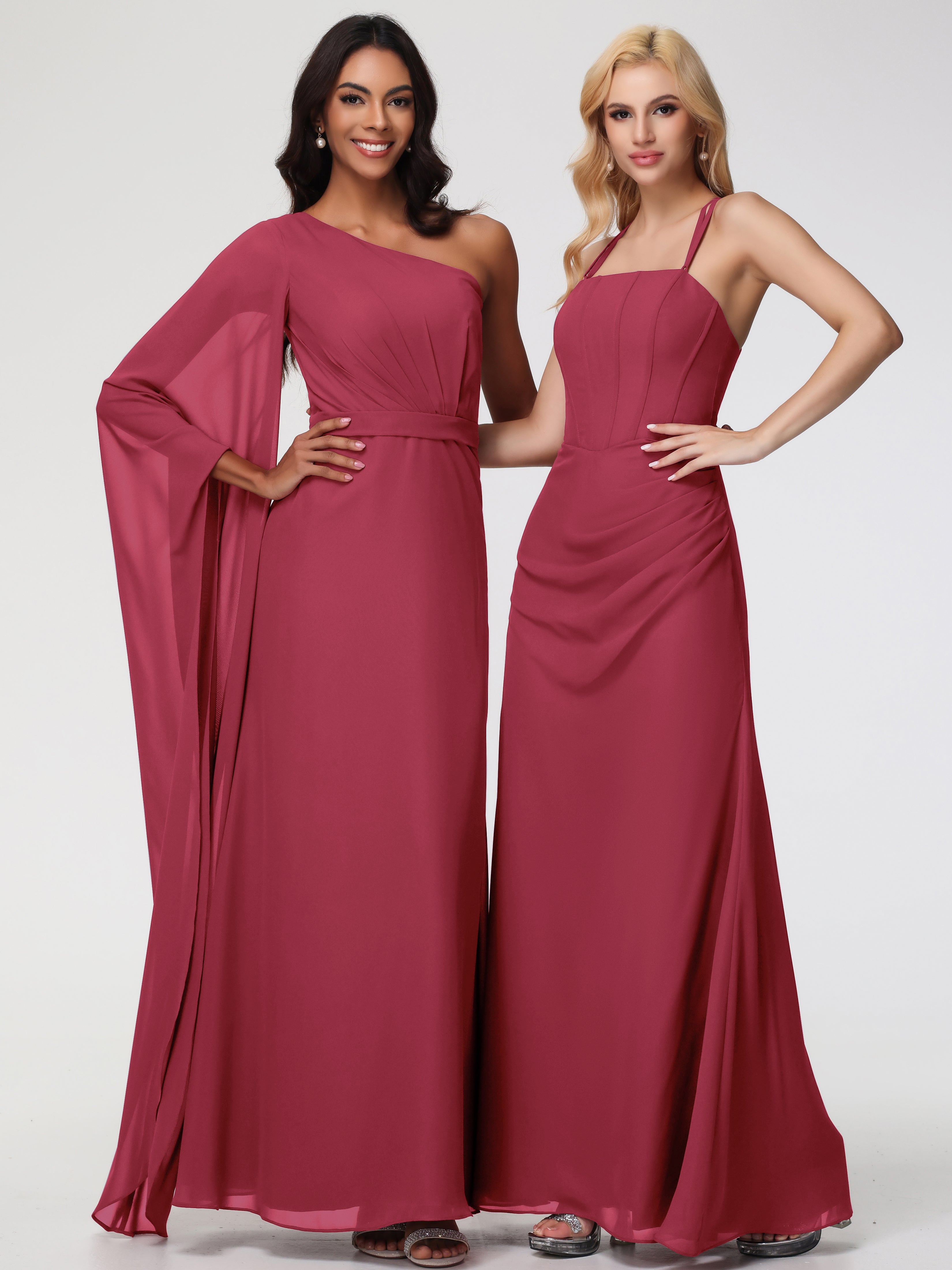 Spaghetti Straps Sheath/Column Long Chiffon Bridesmaid Dresses With Split