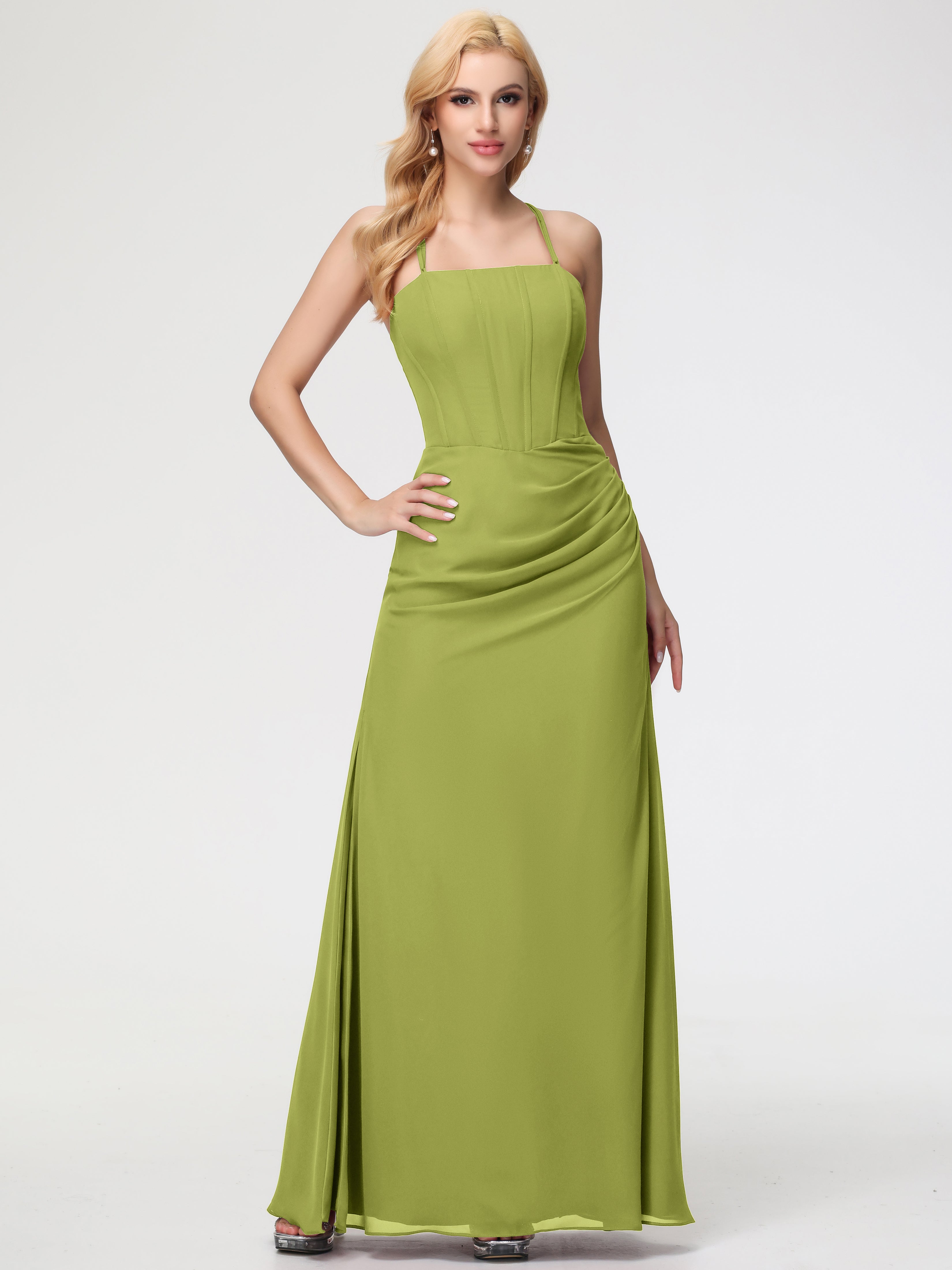 Spaghetti Straps Sheath/Column Long Chiffon Bridesmaid Dresses With Split