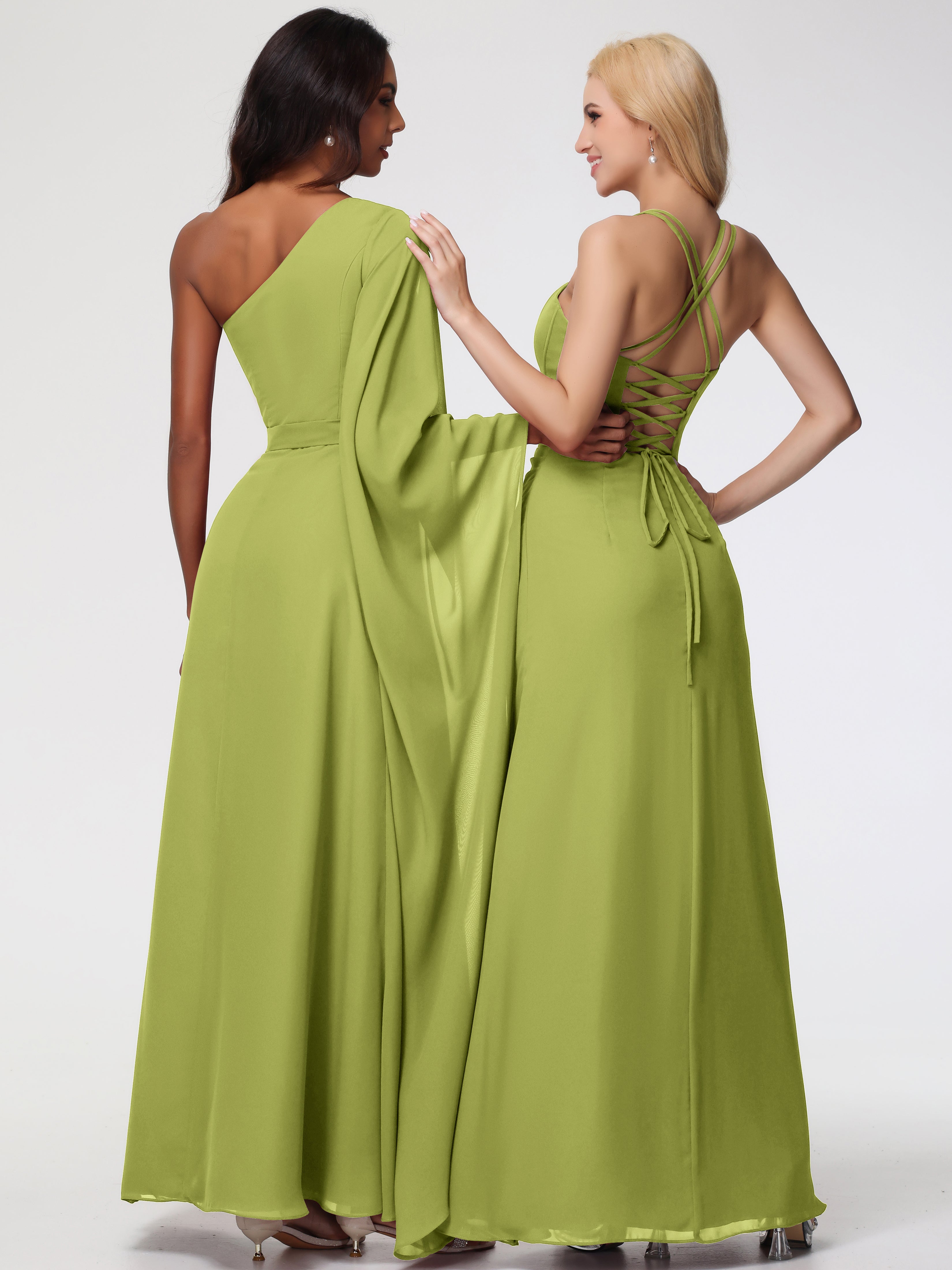 Spaghetti Straps Sheath/Column Long Chiffon Bridesmaid Dresses With Split