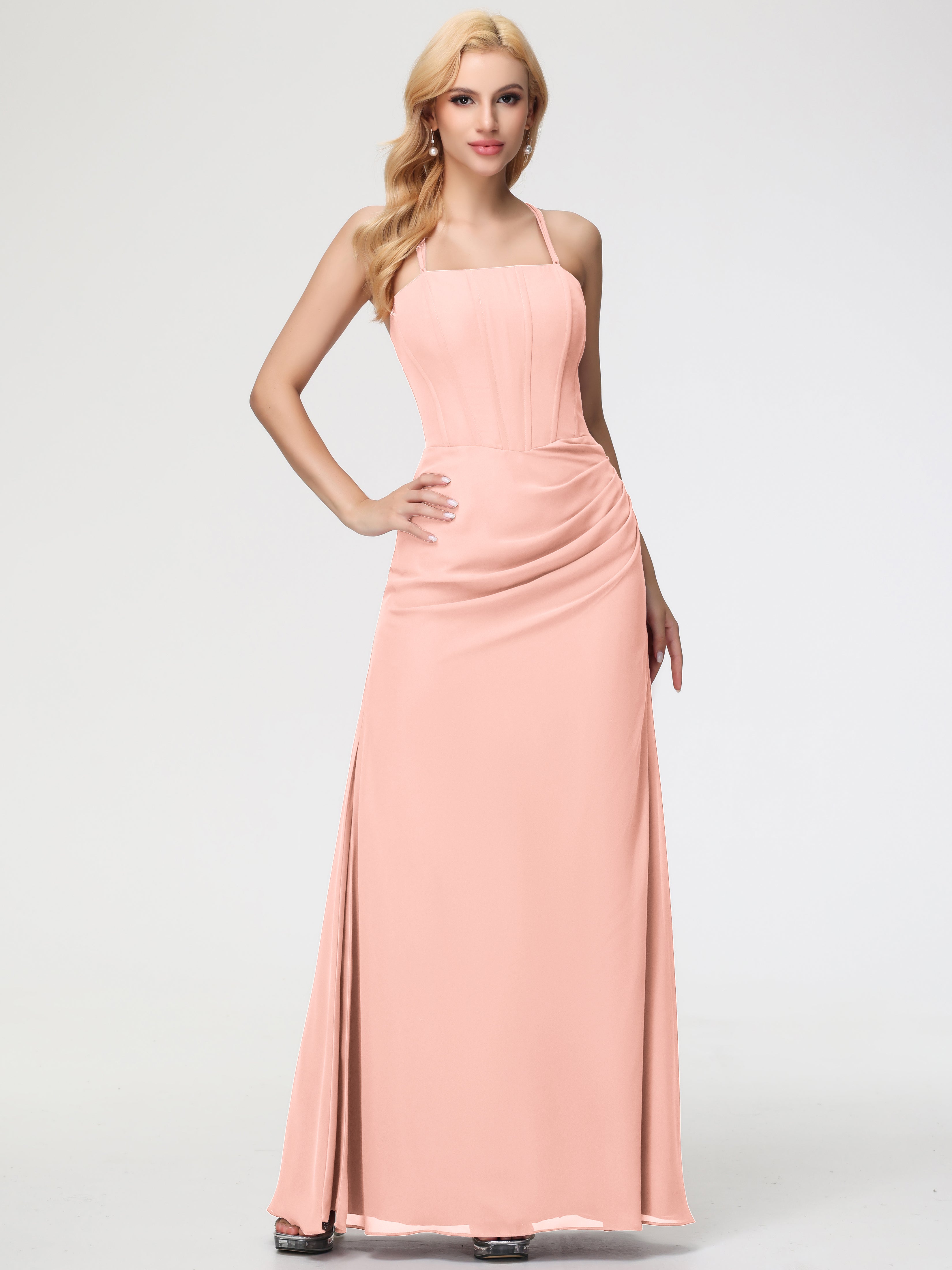 Spaghetti Straps Sheath/Column Long Chiffon Bridesmaid Dresses With Split