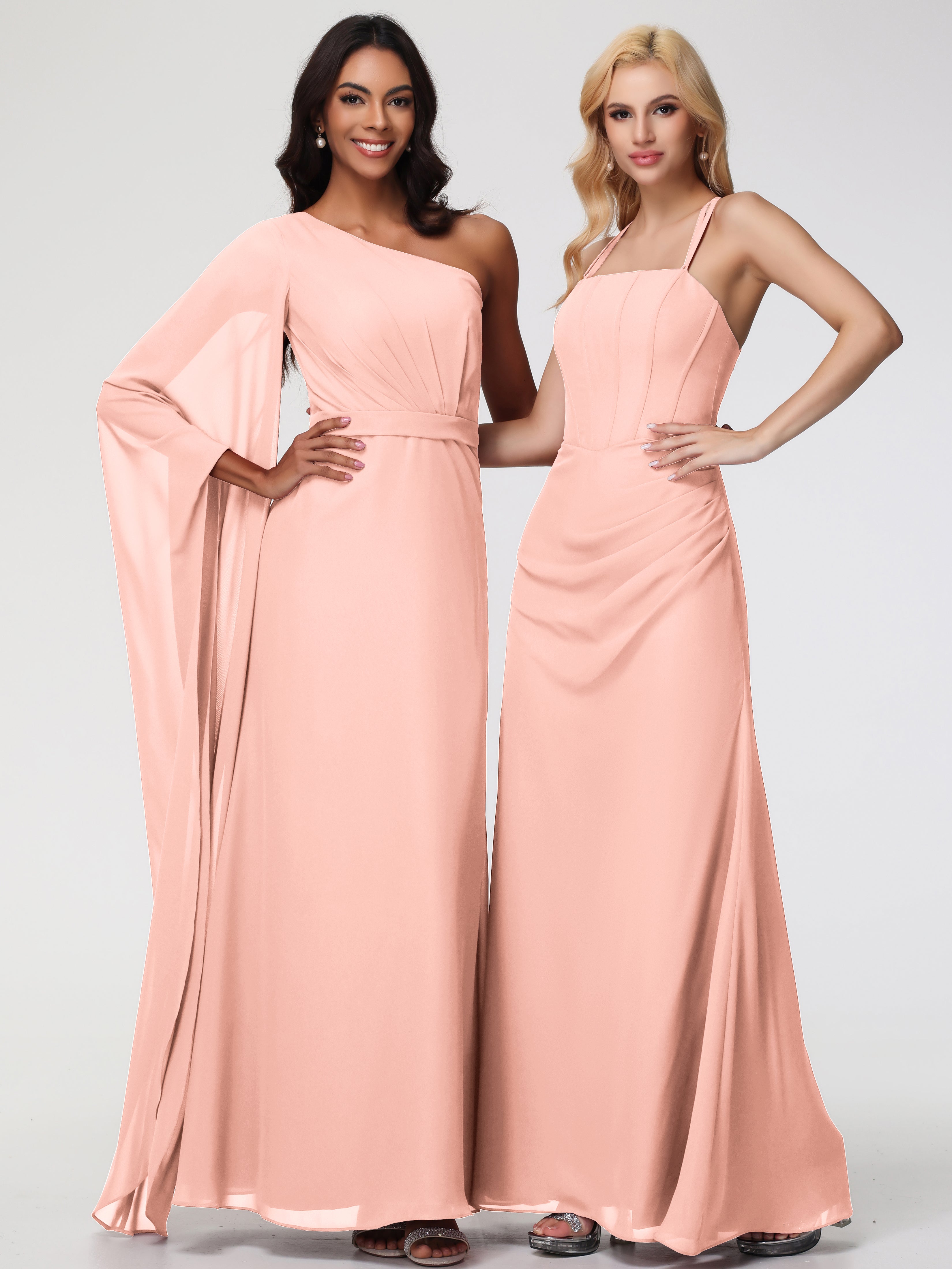 Spaghetti Straps Sheath/Column Long Chiffon Bridesmaid Dresses With Split