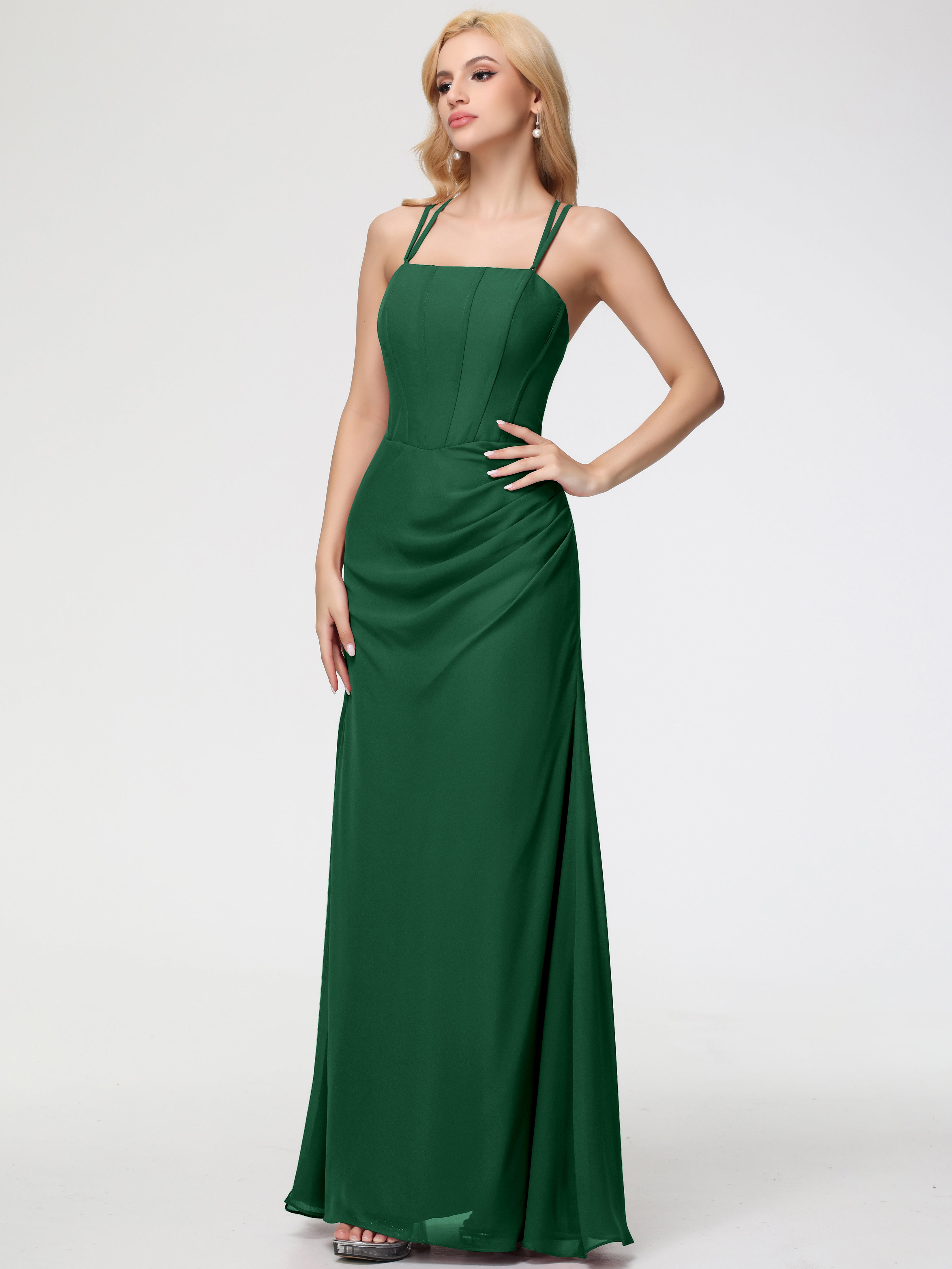 Spaghetti Straps Sheath/Column Long Chiffon Bridesmaid Dresses With Split
