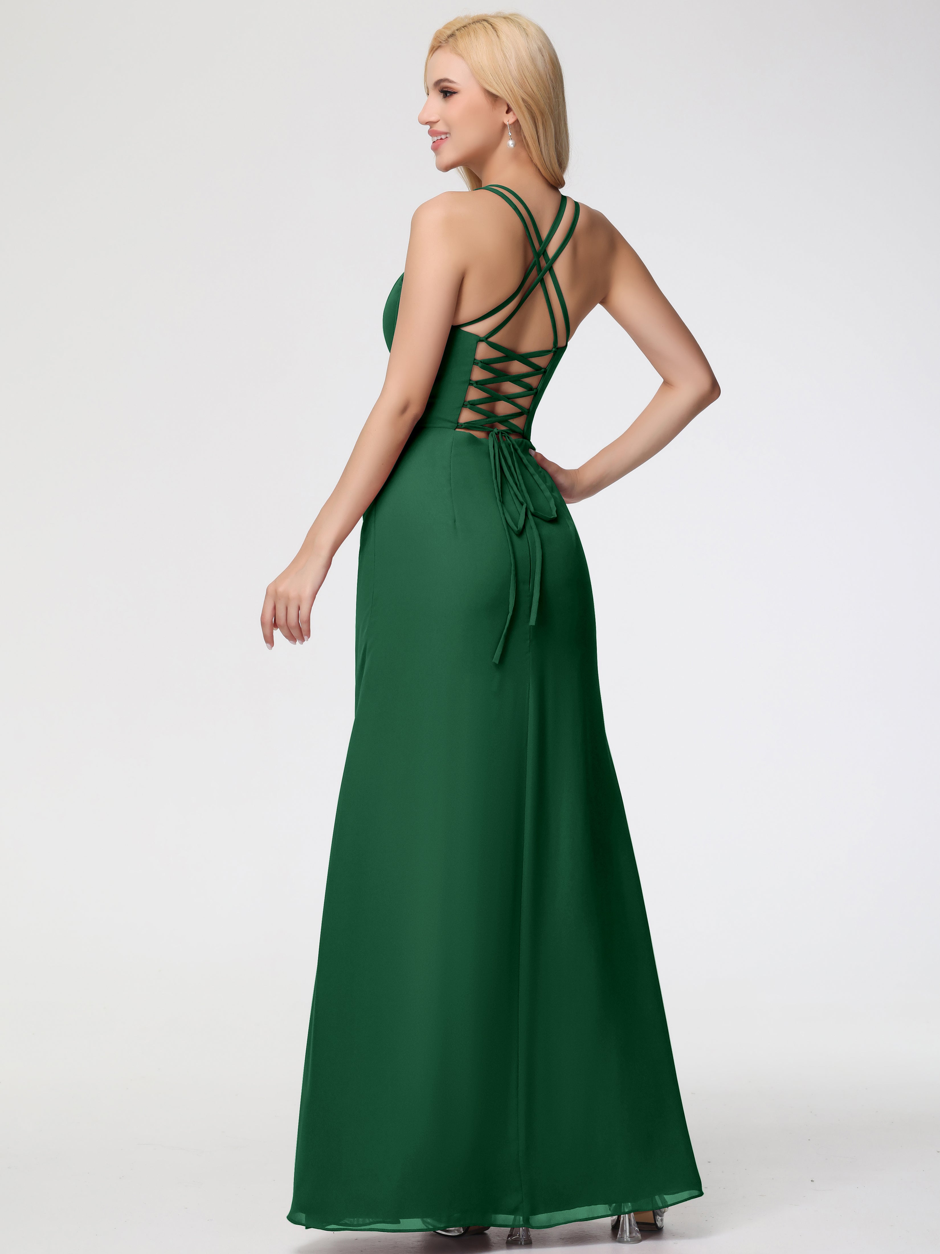 Spaghetti Straps Sheath/Column Long Chiffon Bridesmaid Dresses With Split