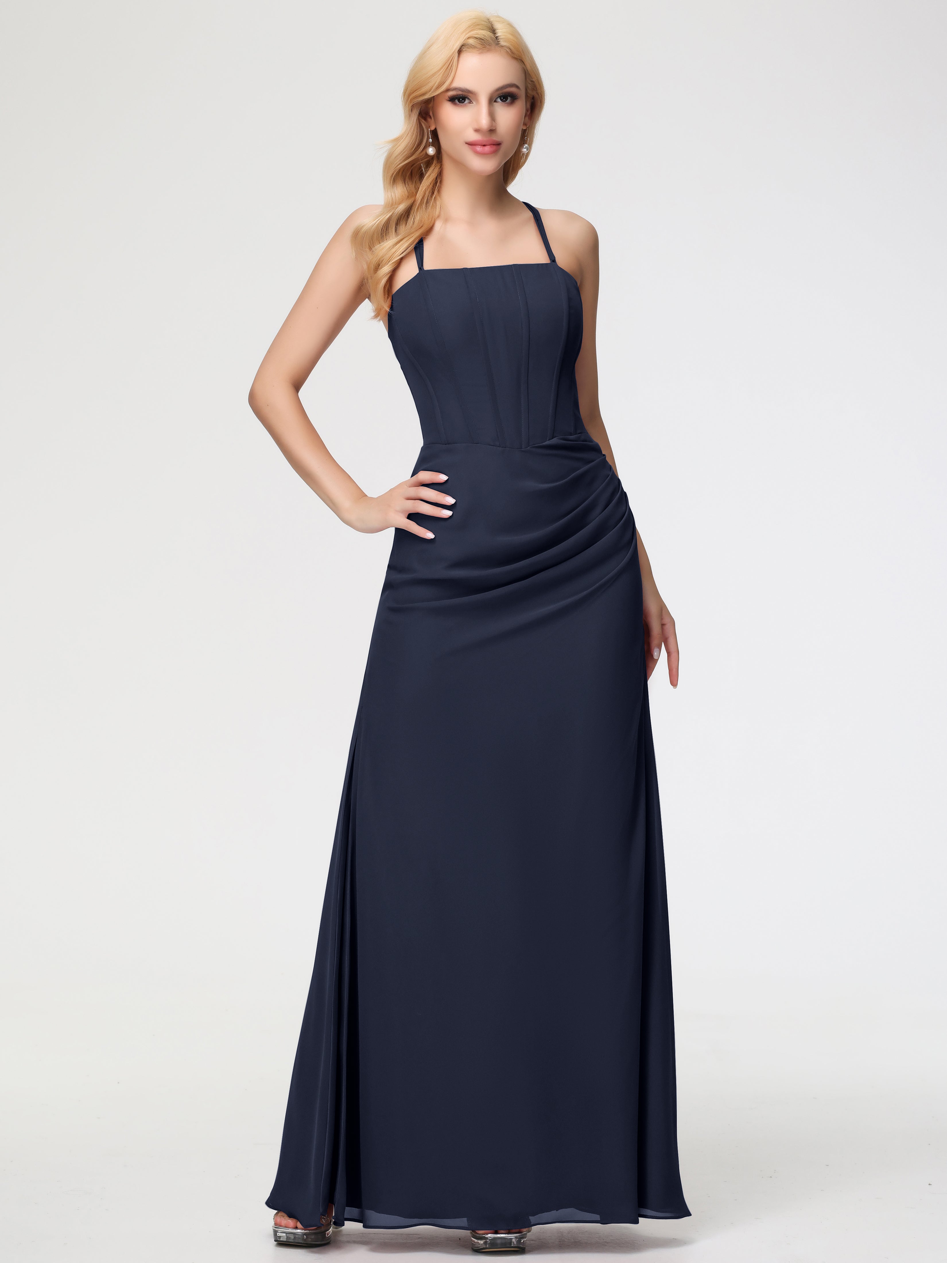 Spaghetti Straps Sheath/Column Long Chiffon Bridesmaid Dresses With Split
