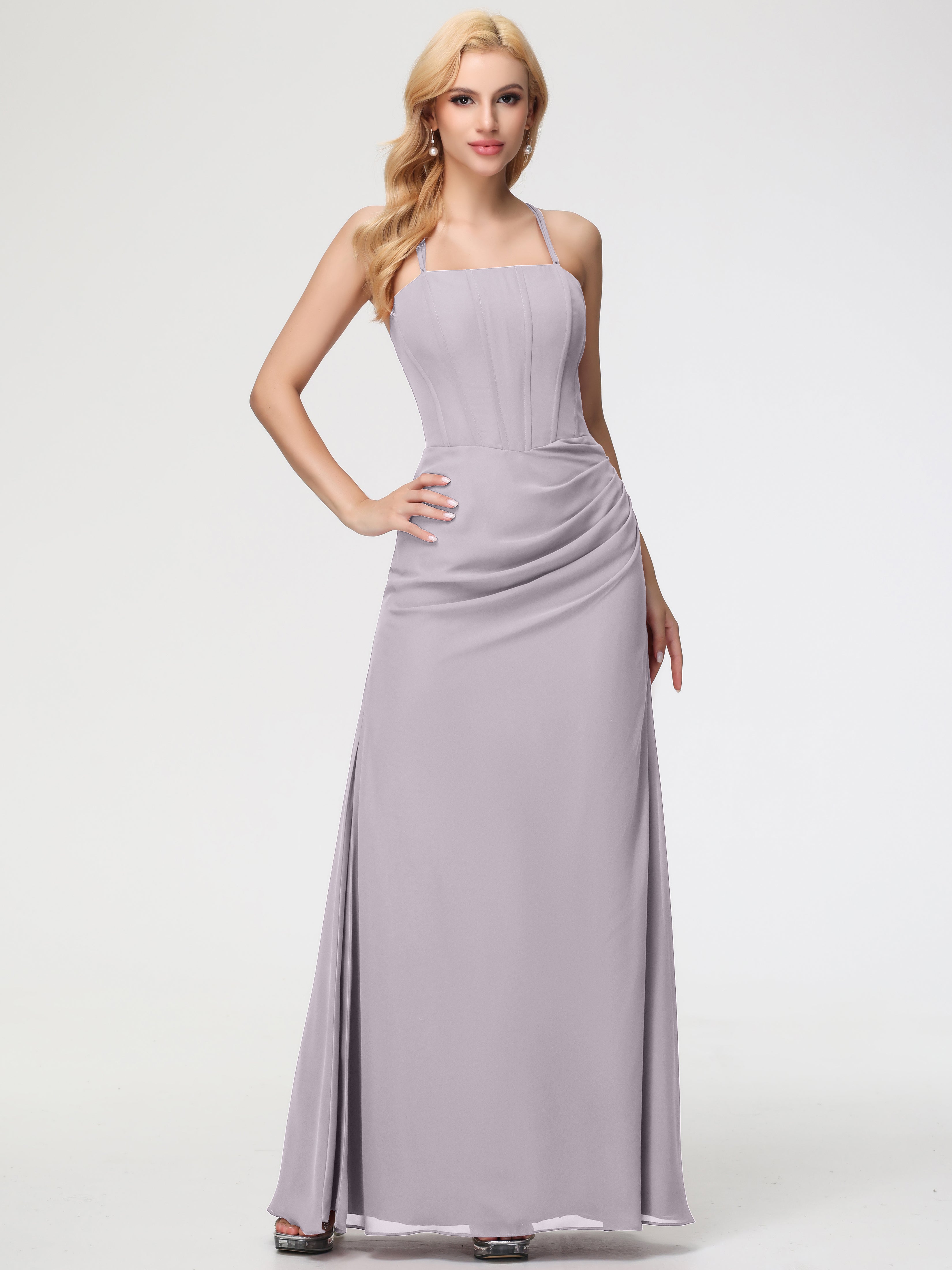 Spaghetti Straps Sheath/Column Long Chiffon Bridesmaid Dresses With Split