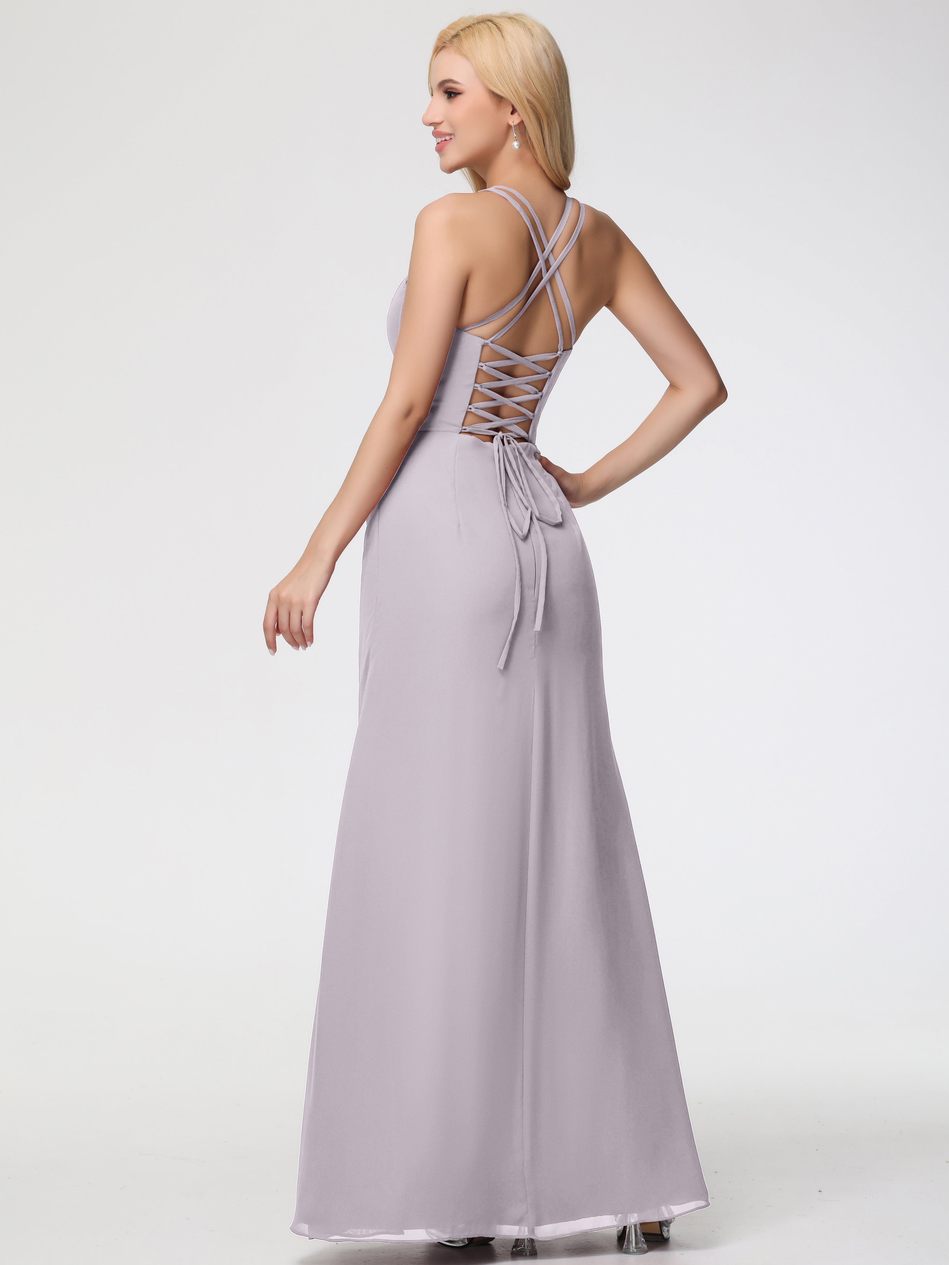 Spaghetti Straps Sheath/Column Long Chiffon Bridesmaid Dresses With Split